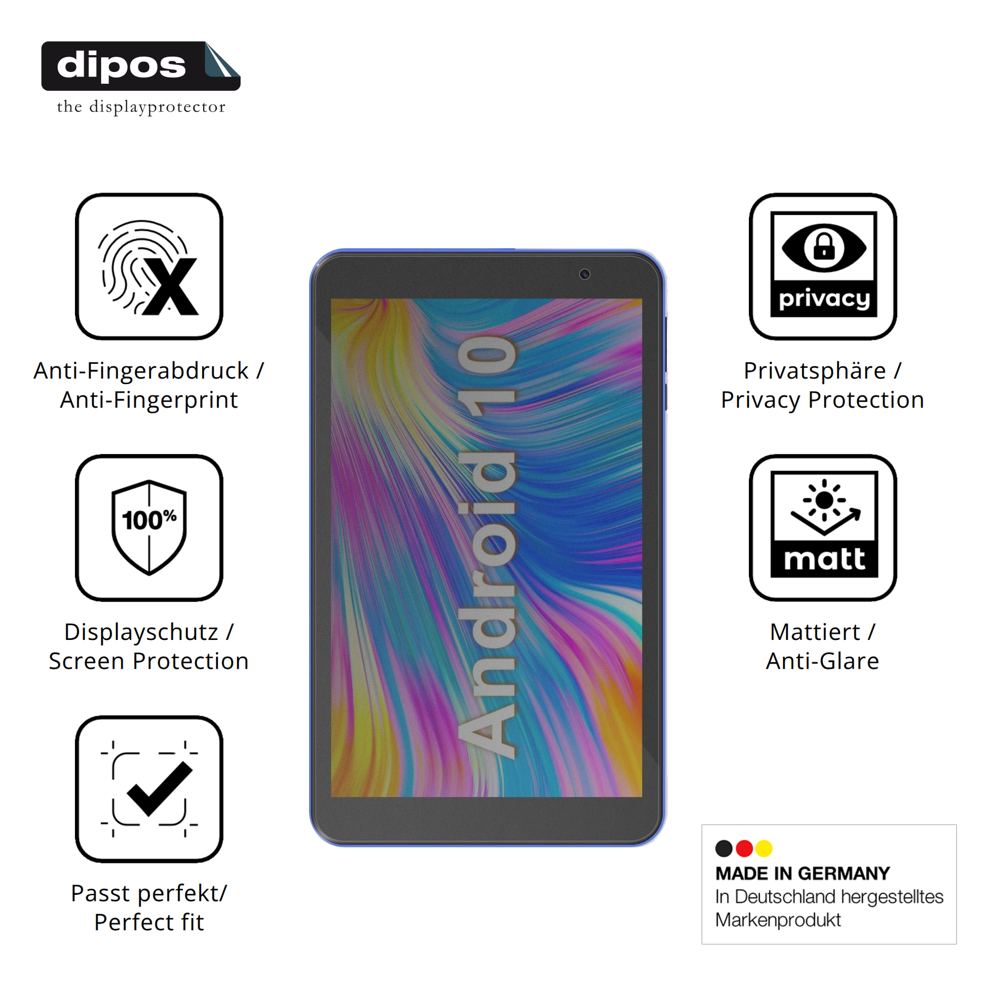 Privatsphäre-Schutz durch Sichtschutz-Folie passend zugeschnitten für Haehne Tablet 8 Zoll