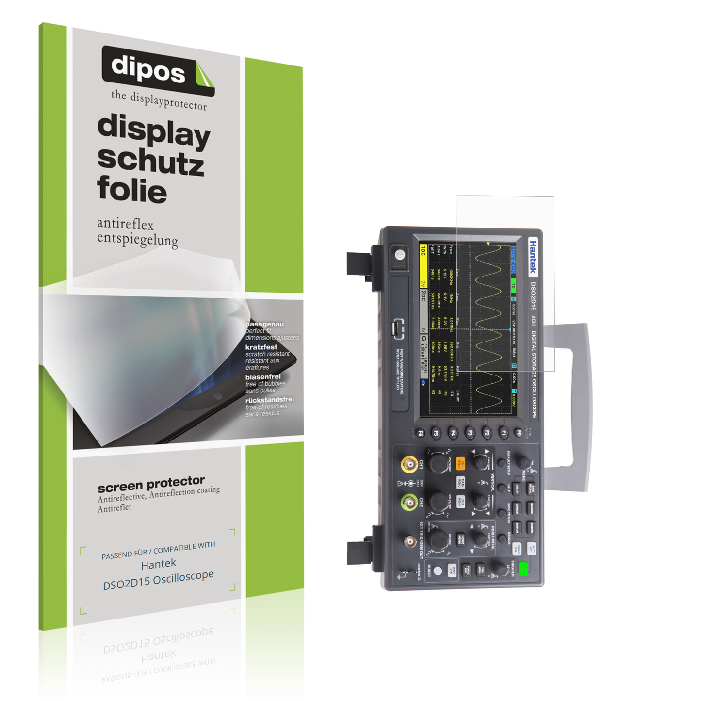 Matte Displayschutzfolie von dipos passend für Hantek DSO2D15 Oscilloscope, präziser Zuschnitt und blasenfrei montiert