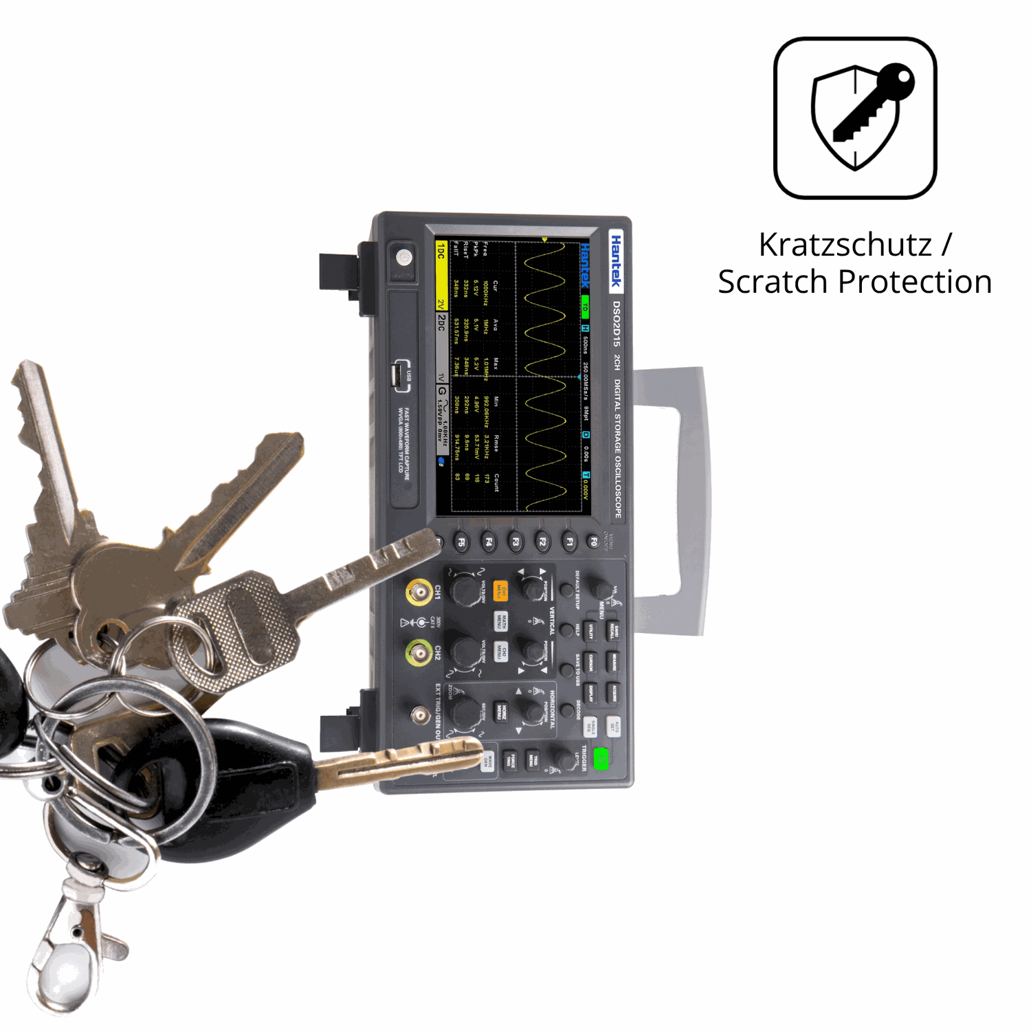 Schutz gegen Kratzer auf dem Hantek DSO2D15 Oscilloscope Glas durch Schlüssel oder Ähnliches