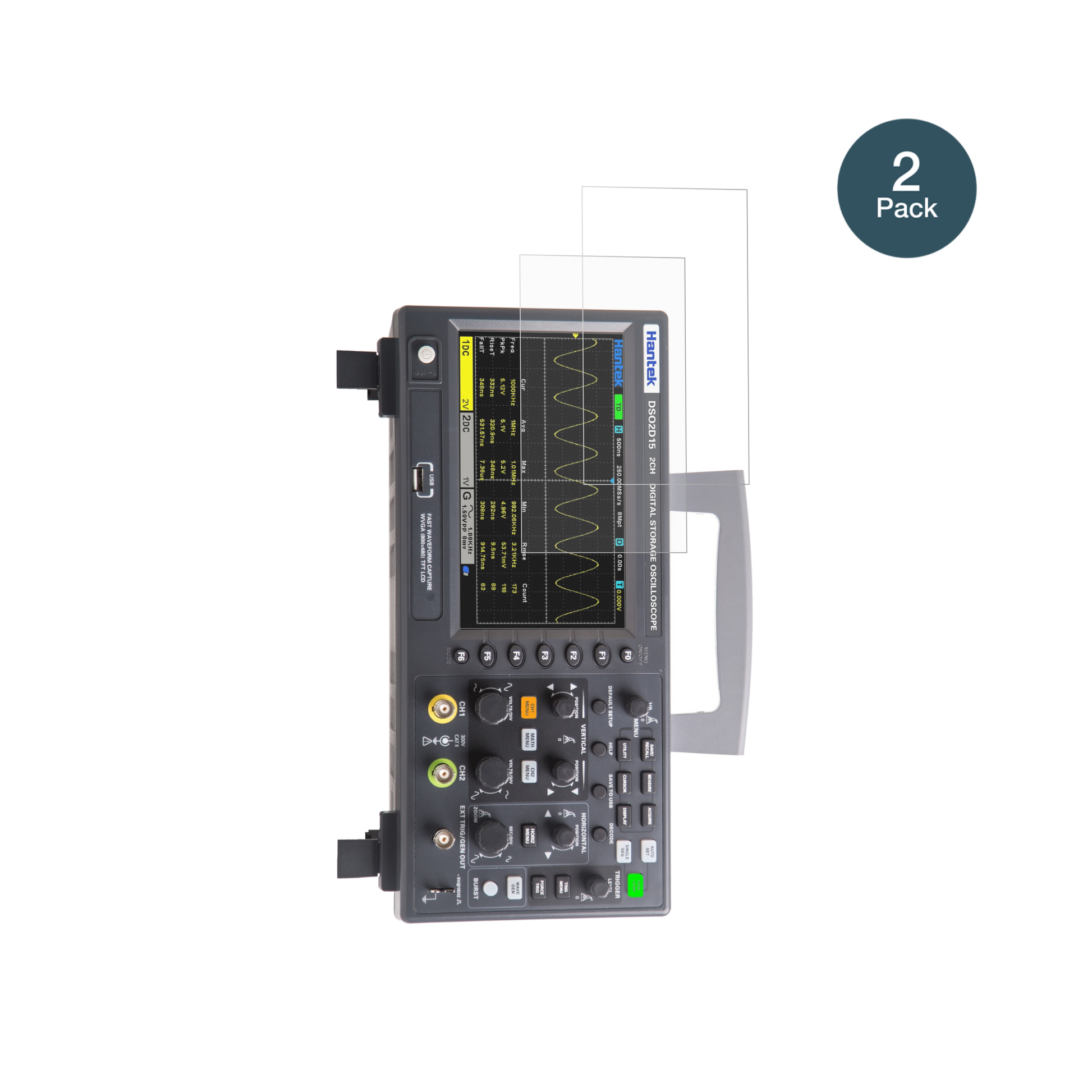 HantekDSO2D15 Oscilloscope mit aufgebrachter dipos Panzerfolie, die lästige Fingerabdrücke minimiert