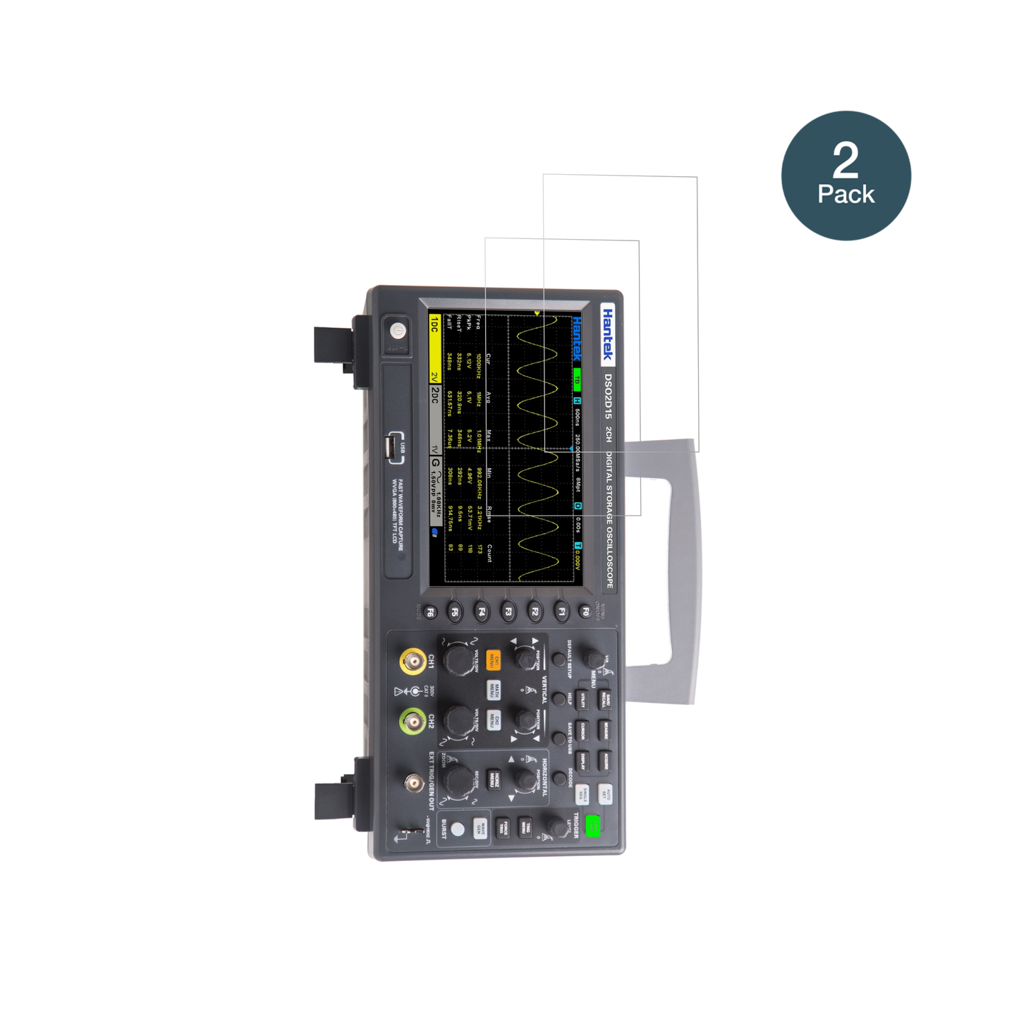 HantekDSO2D15 Oscilloscope mit aufgebrachter dipos Flex Schutzfolie, glasklare Darstellung ohne Einschränkungen