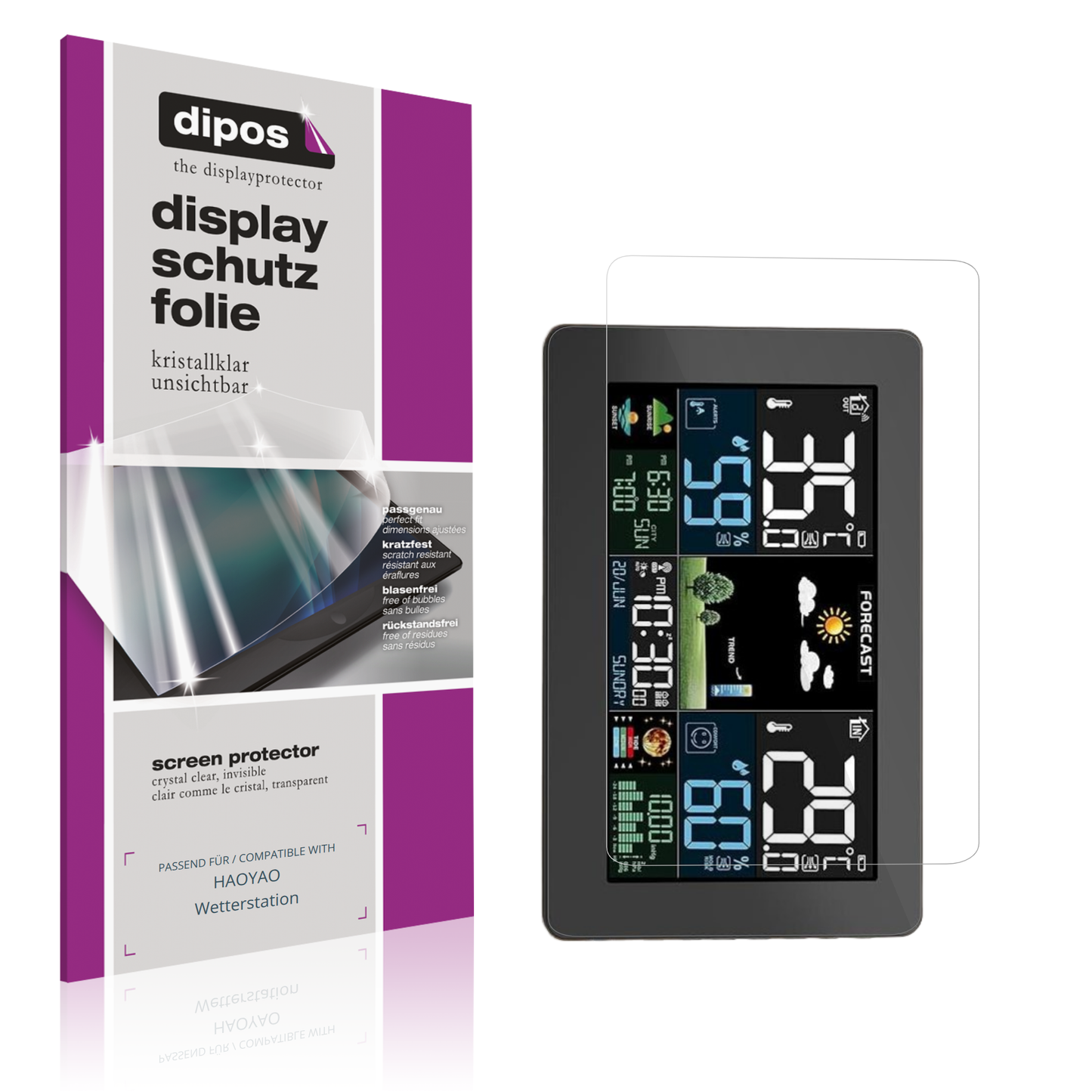 Klare Displayschutzfolie von dipos passend für HAOYAO Wetterstation, präziser Zuschnitt und blasenfrei montiert