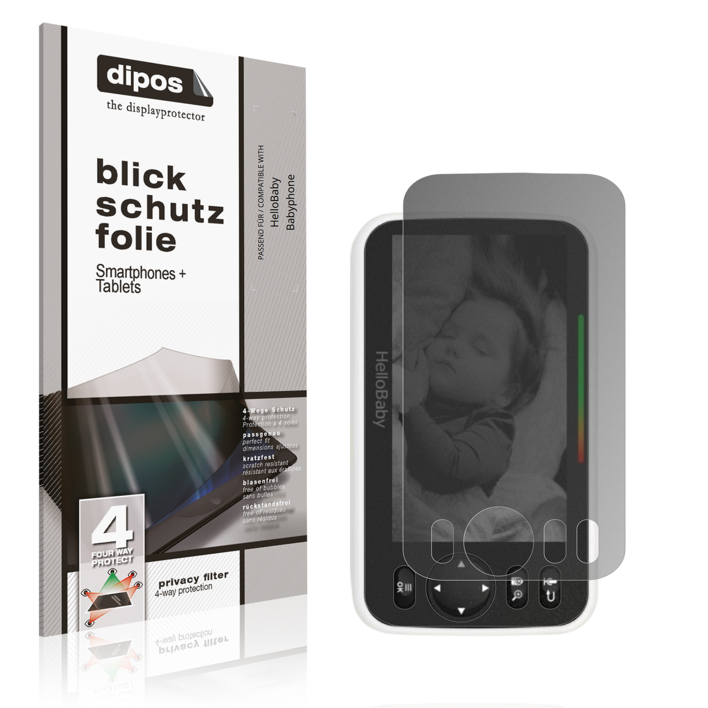 Blickschutzfolie von dipos passend für HelloBaby Babyphone, präziser Zuschnitt und blasenfrei montiert