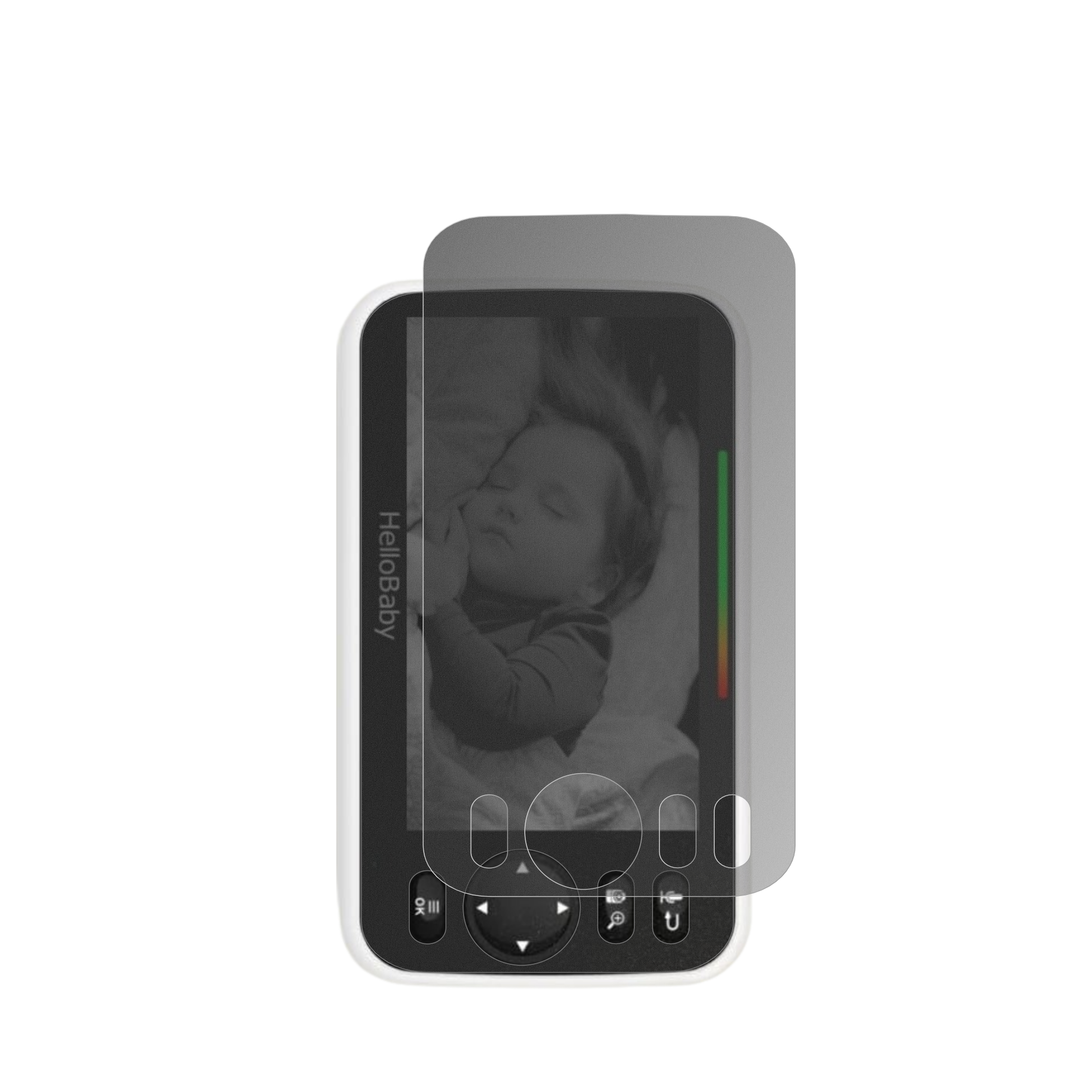 HelloBabyBabyphone mit aufgebrachtem dipos Displayschutz, der seitliche Einblicke blockiert