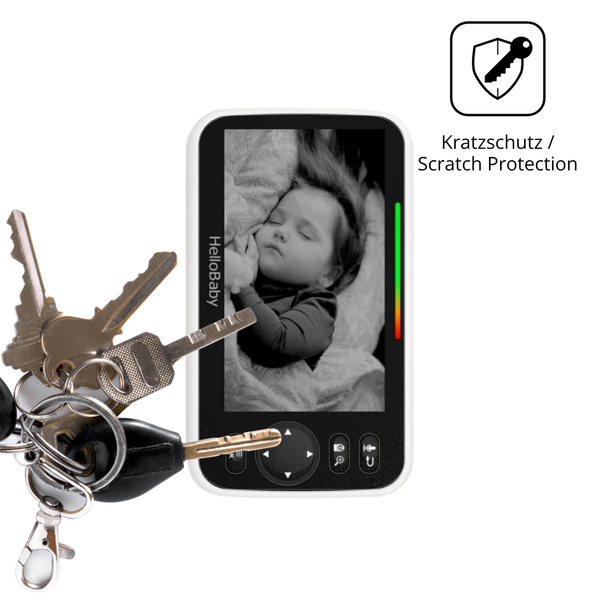 Schutz gegen Kratzer auf dem HelloBaby Babyphone Glas durch Schlüssel oder Ähnliches