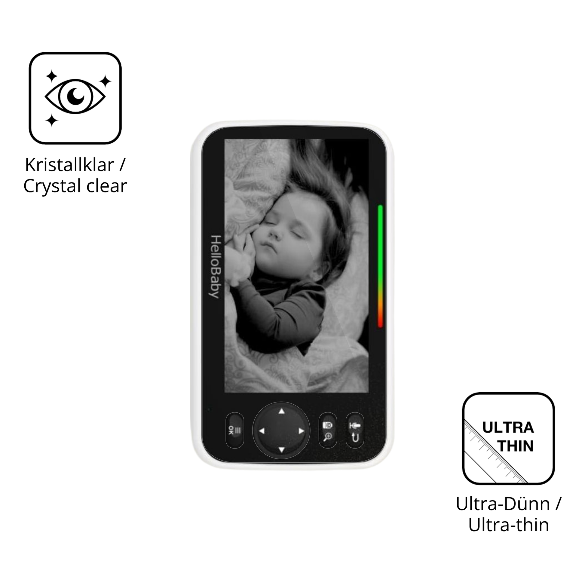 Dünne und klare Folie passend zugeschnitten für HelloBaby Babyphone