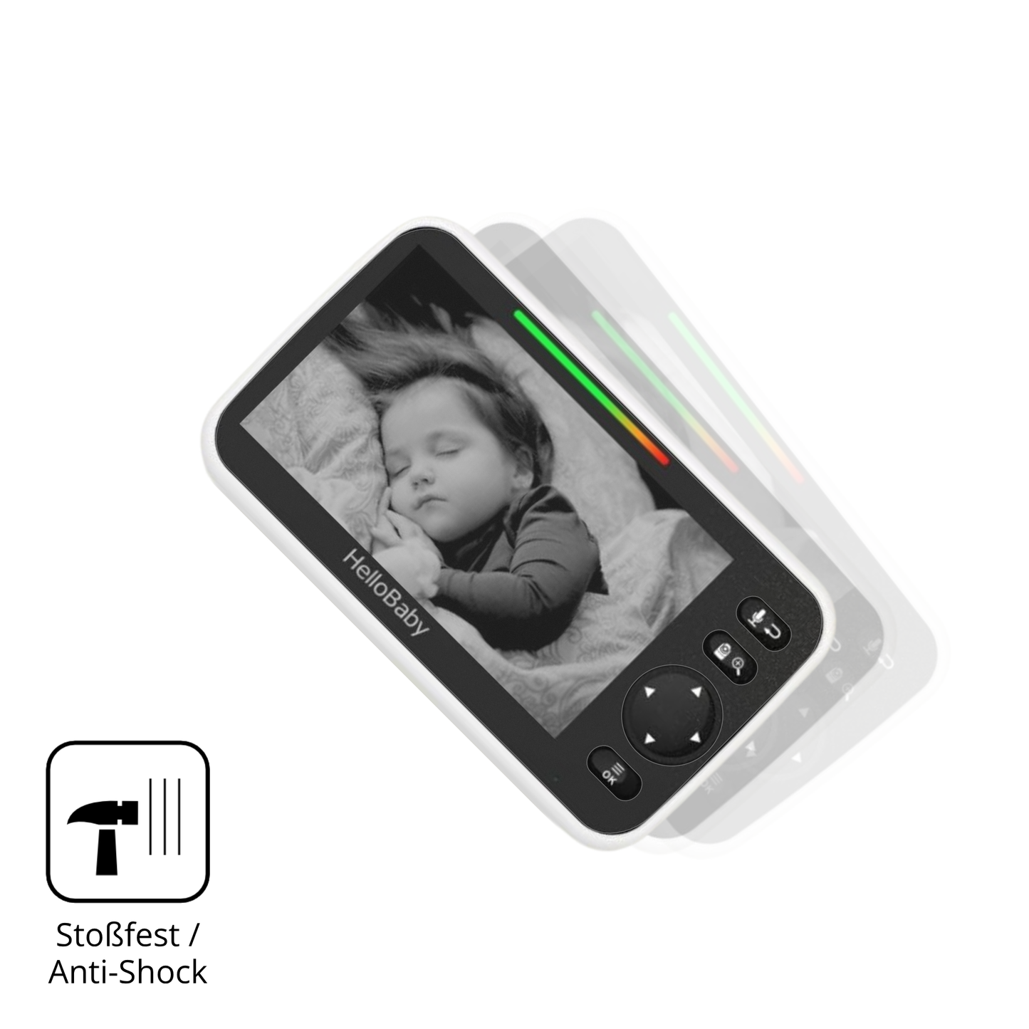 Schutz gegen Kratzer auf dem HelloBaby Babyphone Glas durch Schlüssel, Stöße gegen die Tischkante oder Stürze