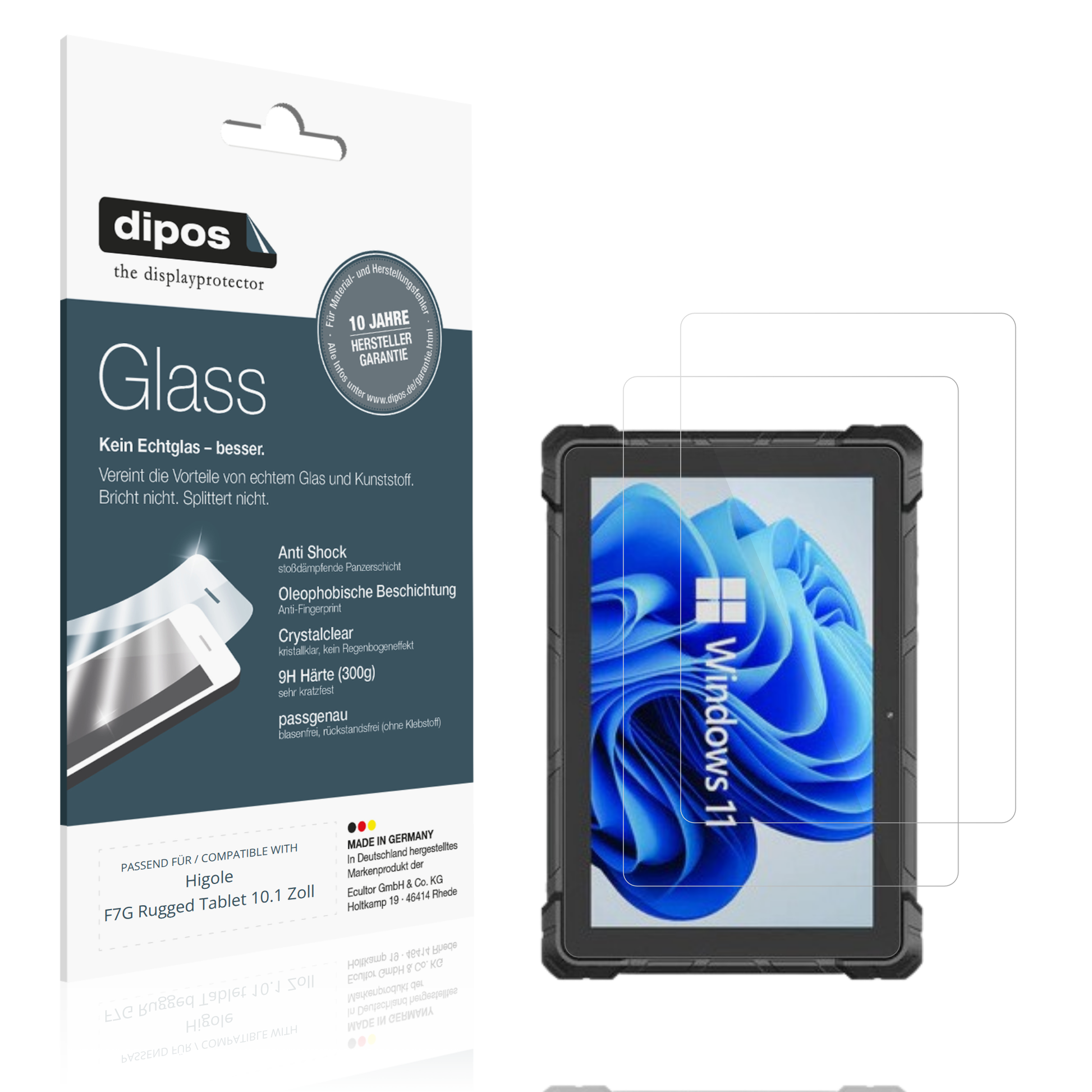 Klare Displayschutzfolie von dipos passend für higolef7g rugged tablet 10.1 zoll, 9H kratzfest und blasenfrei montiert