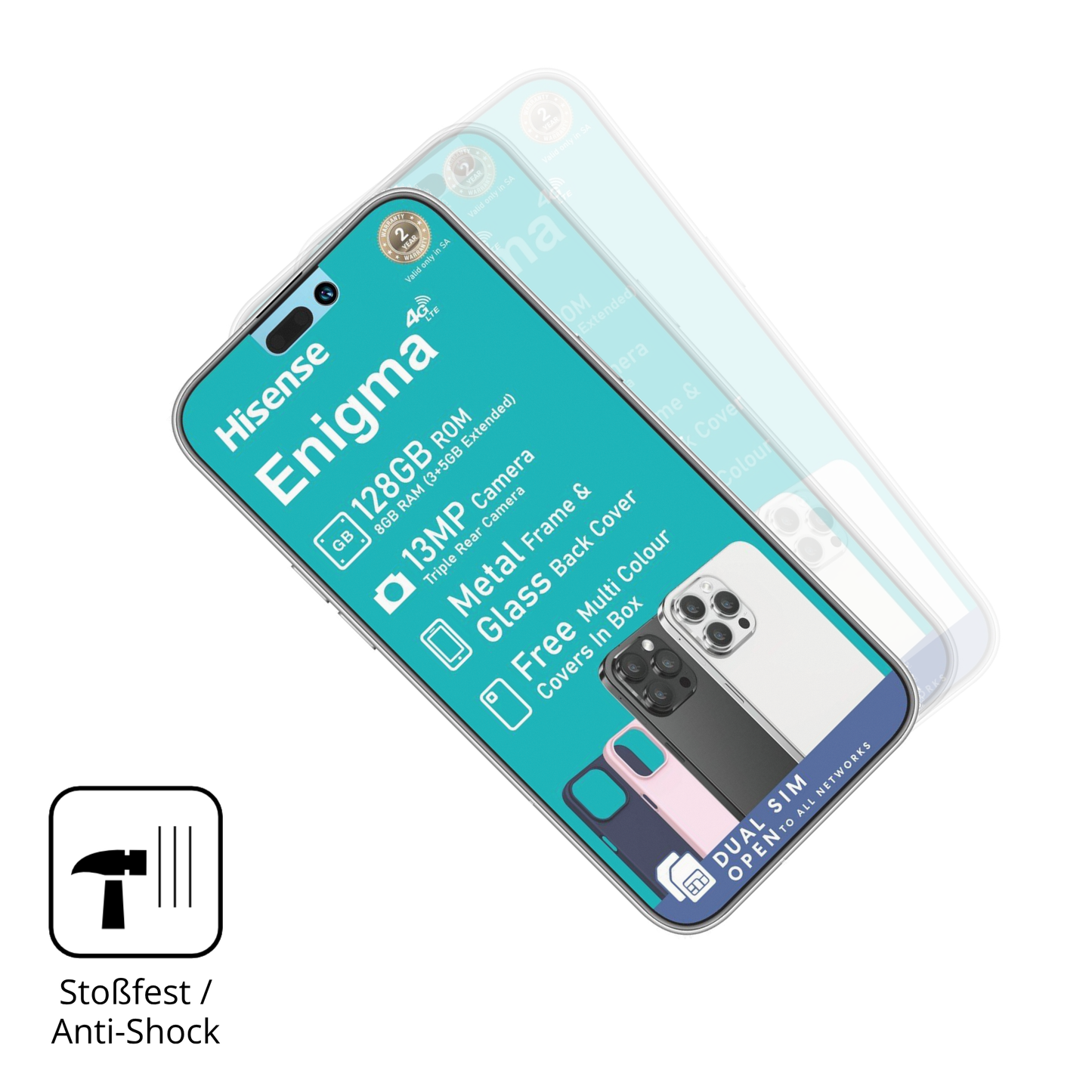 Schutz gegen Kratzer auf dem Hisense Enigma Glas durch Schlüssel, Stöße gegen die Tischkante oder Stürze