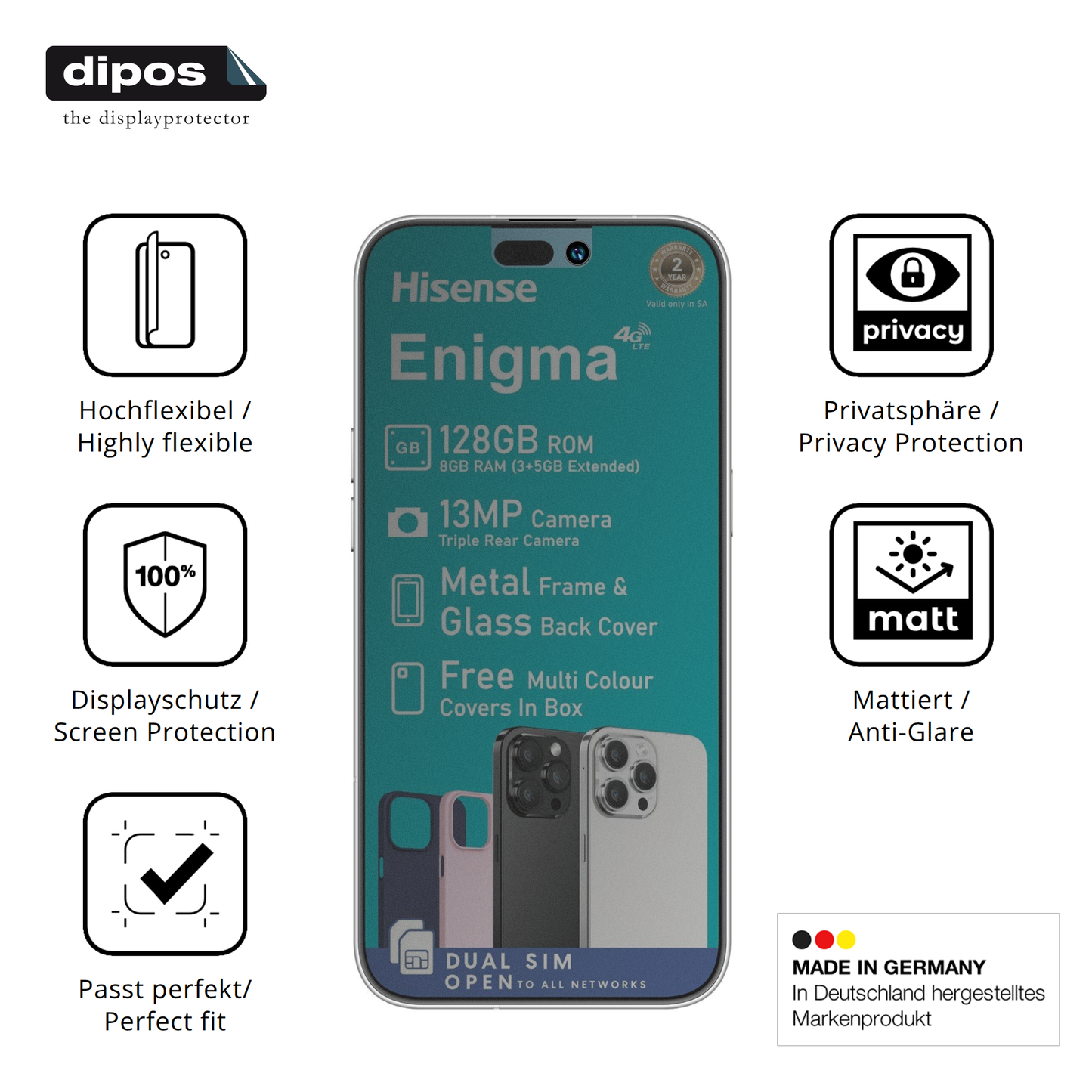 Flexible TPU-Folie passend zugeschnitten für Hisense Enigma, mit Privatsphäre-Schutz durch Sichtschutz-Folie