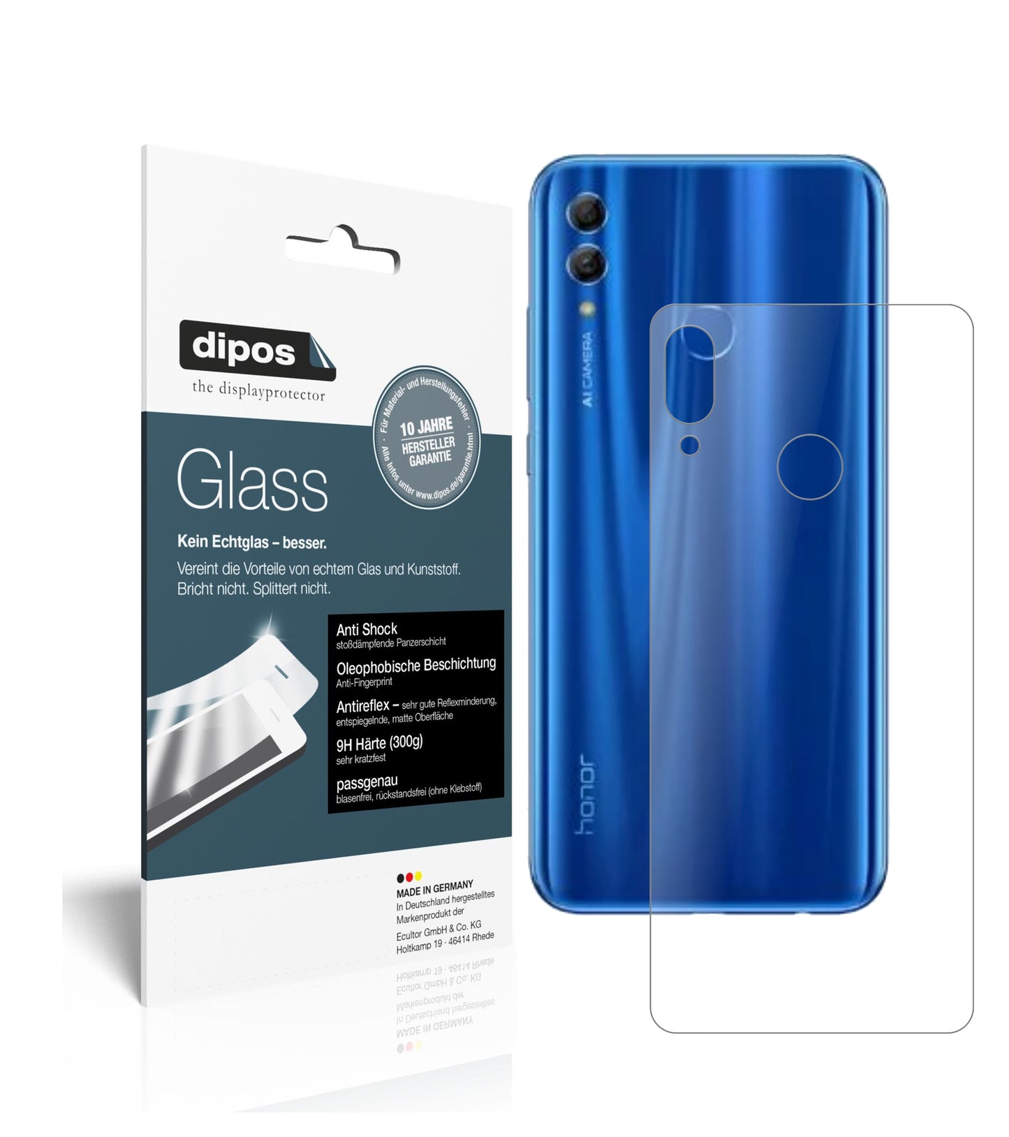 Matte Displayschutzfolie von dipos passend für Honor 10i Rückseite, 9H kratzfest und blasenfrei montiert