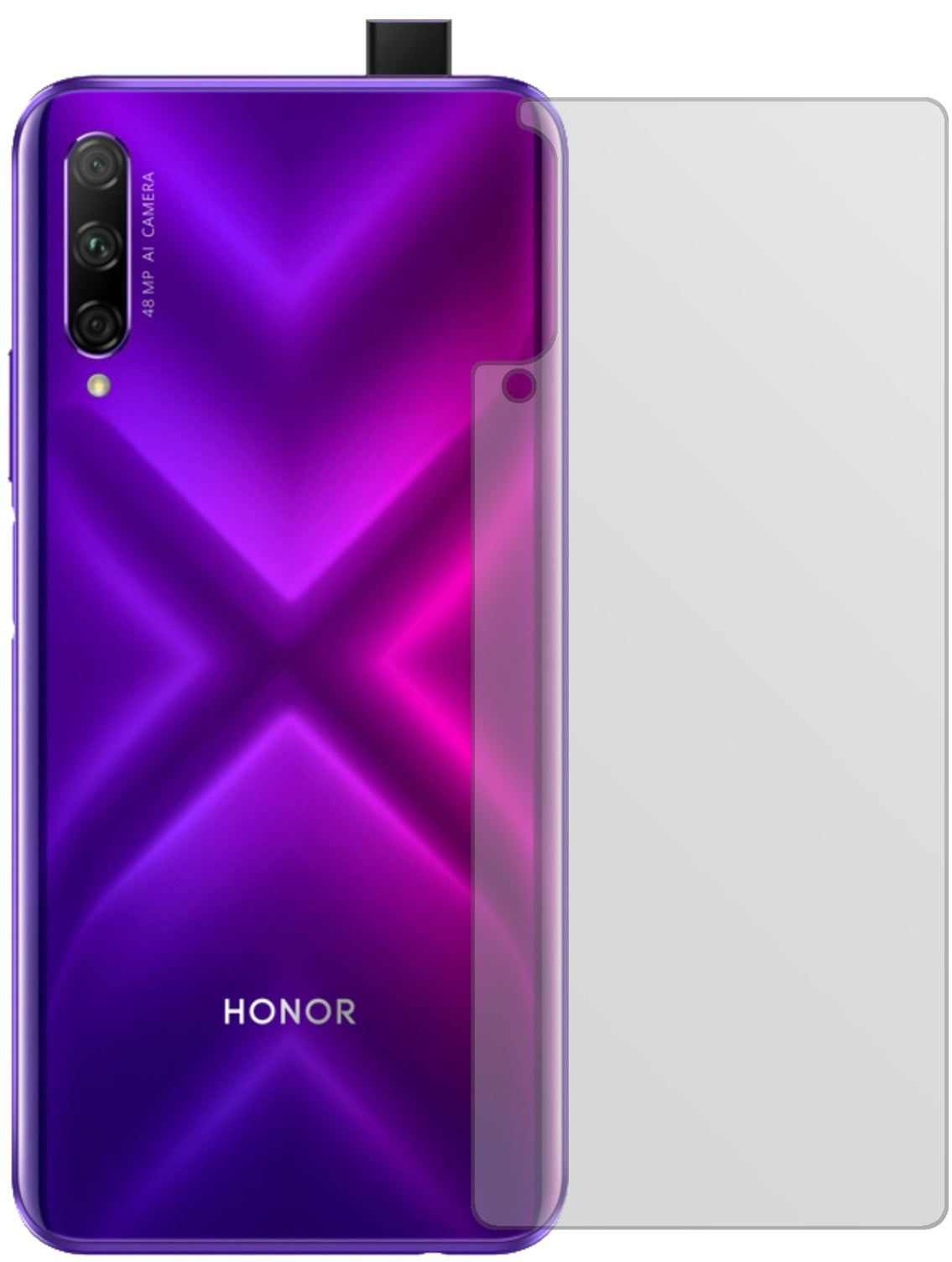Honor9X Pro Rückseite mit aufgebrachter dipos Displayschutzfolie, die lästige Fingerabdrücke minimiert
