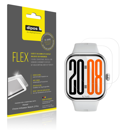 Klare Displayschutzfolie von dipos passend für Honor Choice Infowear Watch 2 Pro, 100% Displayabdeckung und blasenfreie Montage