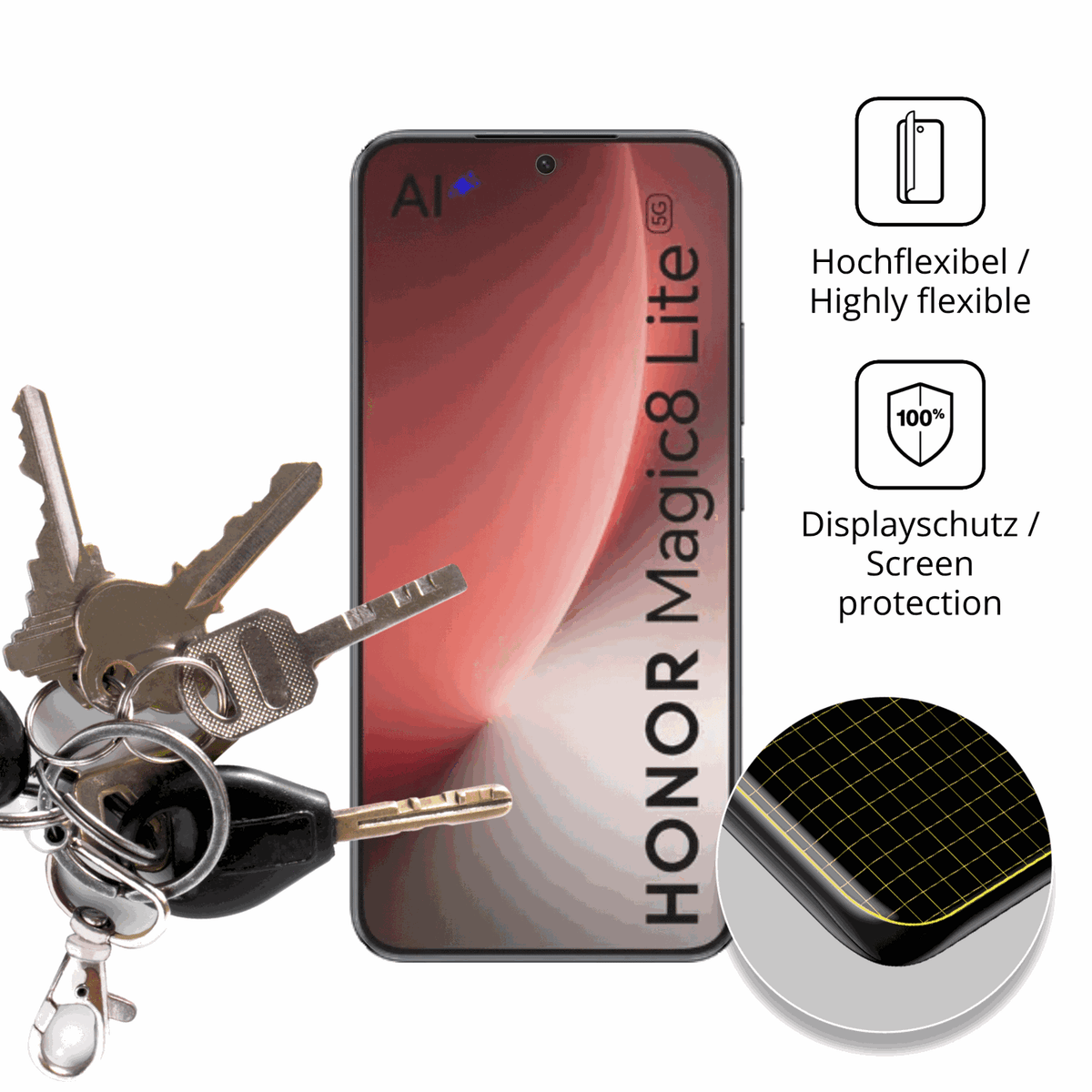 dipos Displayschutz für Honor Magic 8 Lite, transparente Oberfläche, perfekte Passform auch für die Rundungen