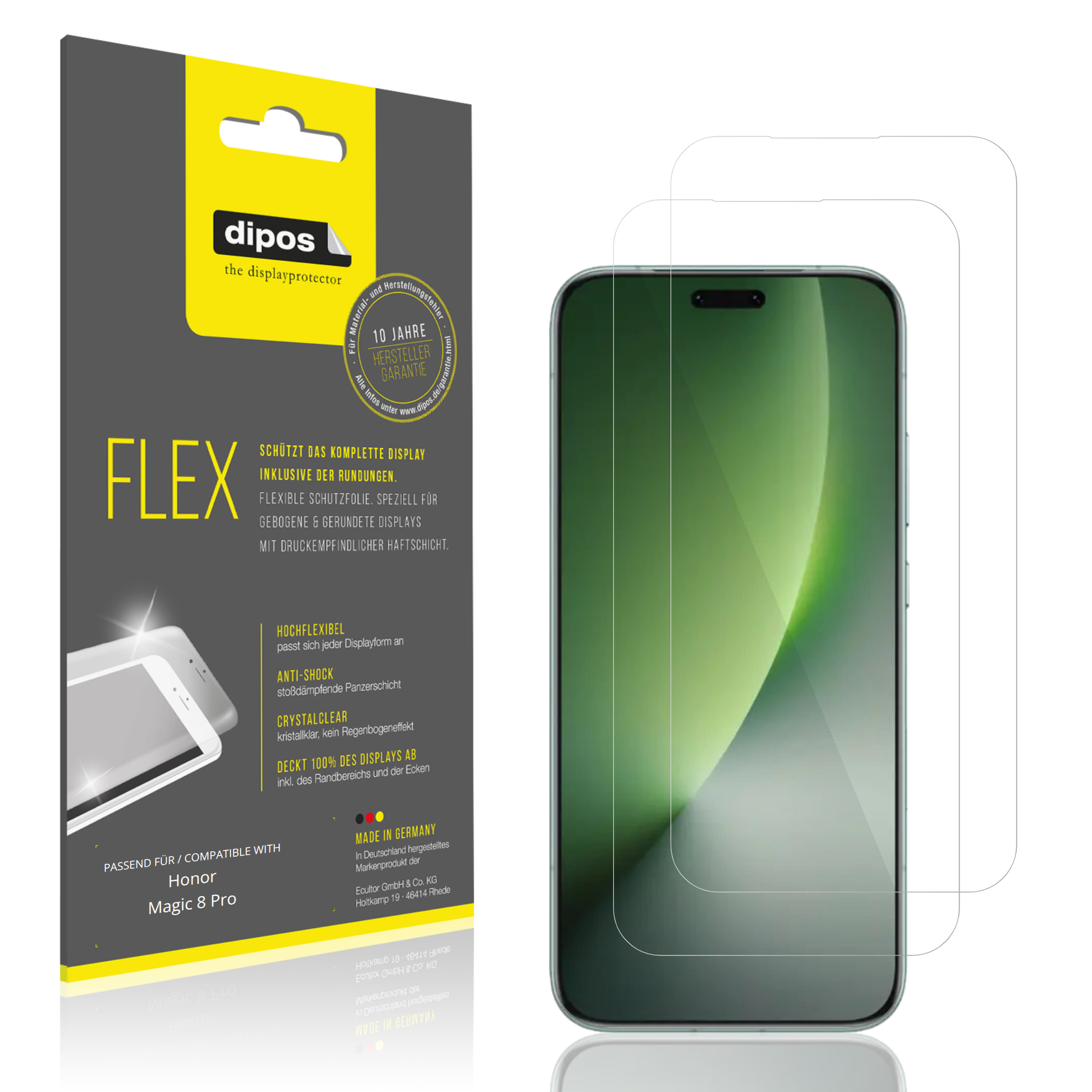 Klare Displayschutzfolie von dipos passend für honormagic 8 pro, 100% Displayabdeckung und blasenfreie Montage