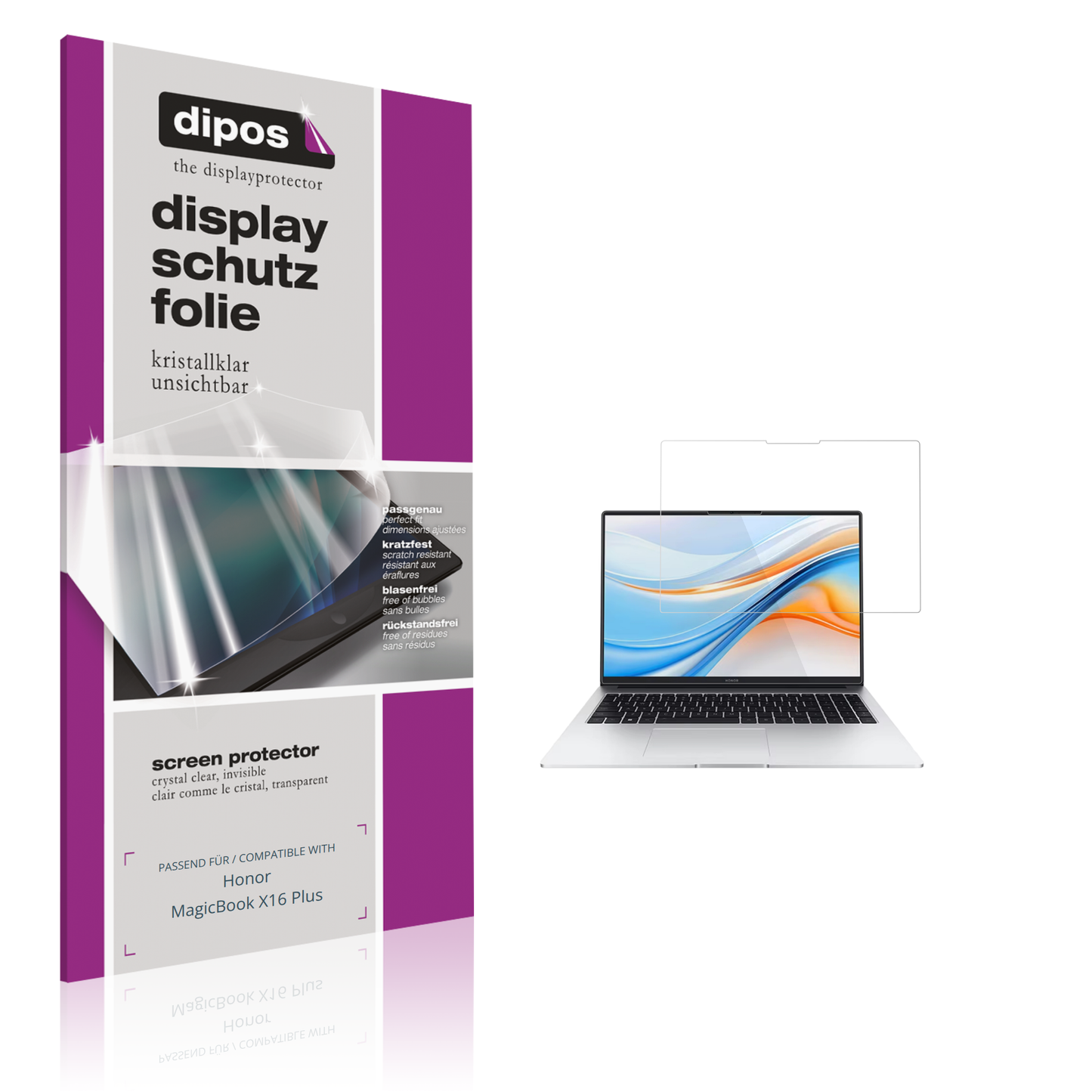 Klare Displayschutzfolie von dipos passend für Honor MagicBook X16 Plus, präziser Zuschnitt und blasenfrei montiert
