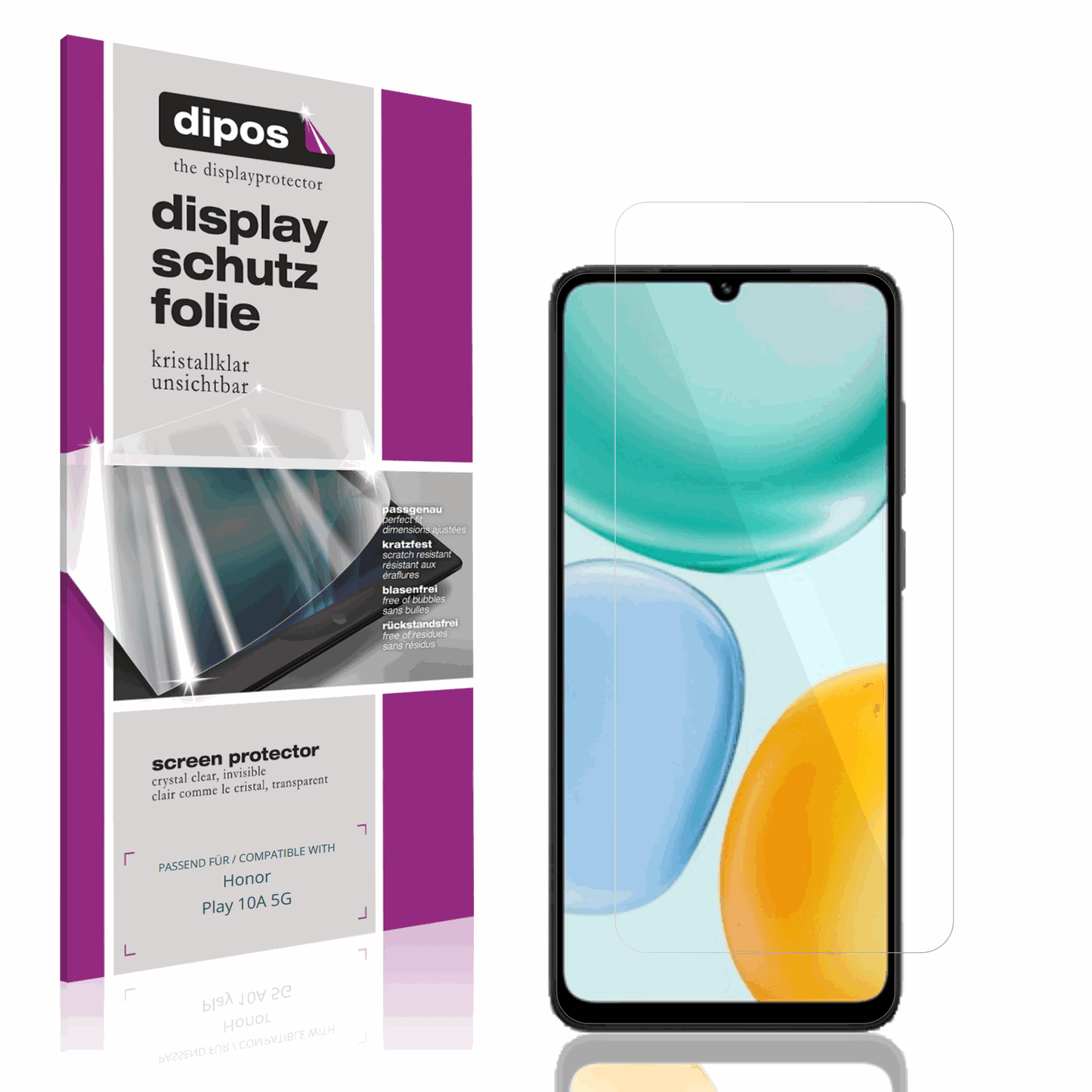 Klare Displayschutzfolie von dipos passend für Honor Play 10A 5G, präziser Zuschnitt und blasenfrei montiert
