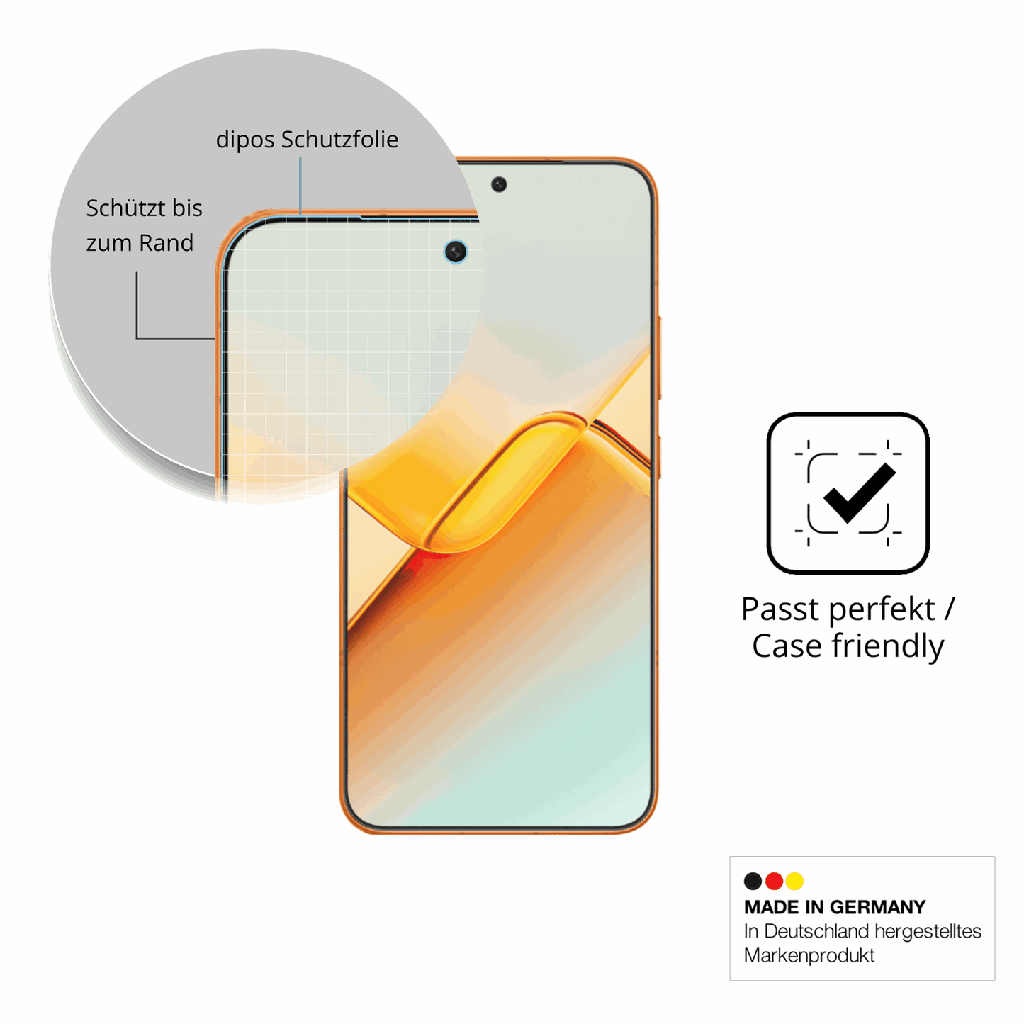 Schutzglasfolie mit optimaler Passform, zur Verwendung mit Hüllen geeignet