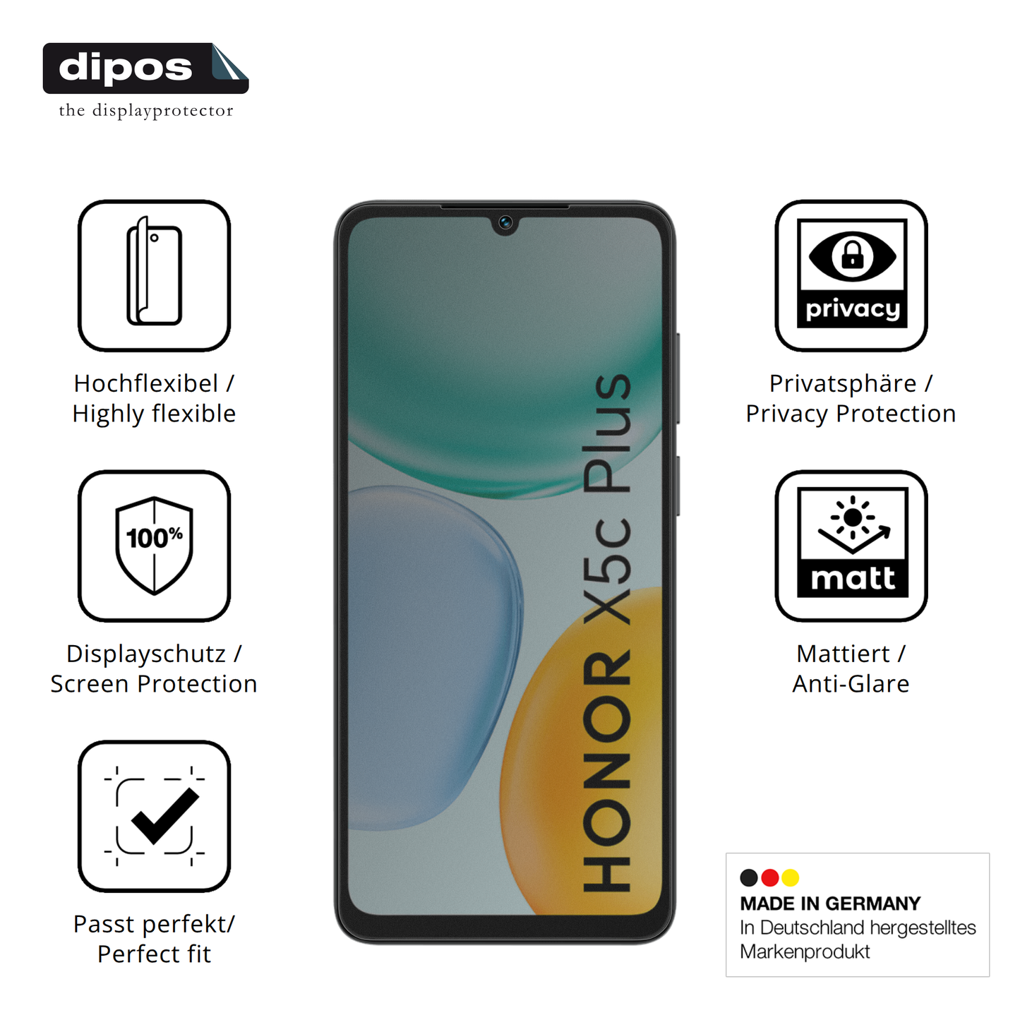 Flexible TPU-Folie passend zugeschnitten für Honor X5c Plus, mit Privatsphäre-Schutz durch Sichtschutz-Folie