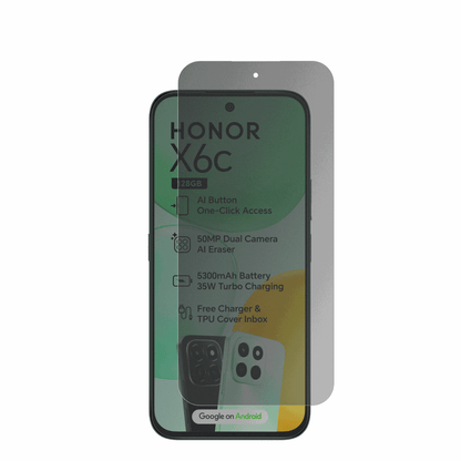 HonorX6c mit aufgebrachtem dipos Displayschutz, der seitliche Einblicke blockiert