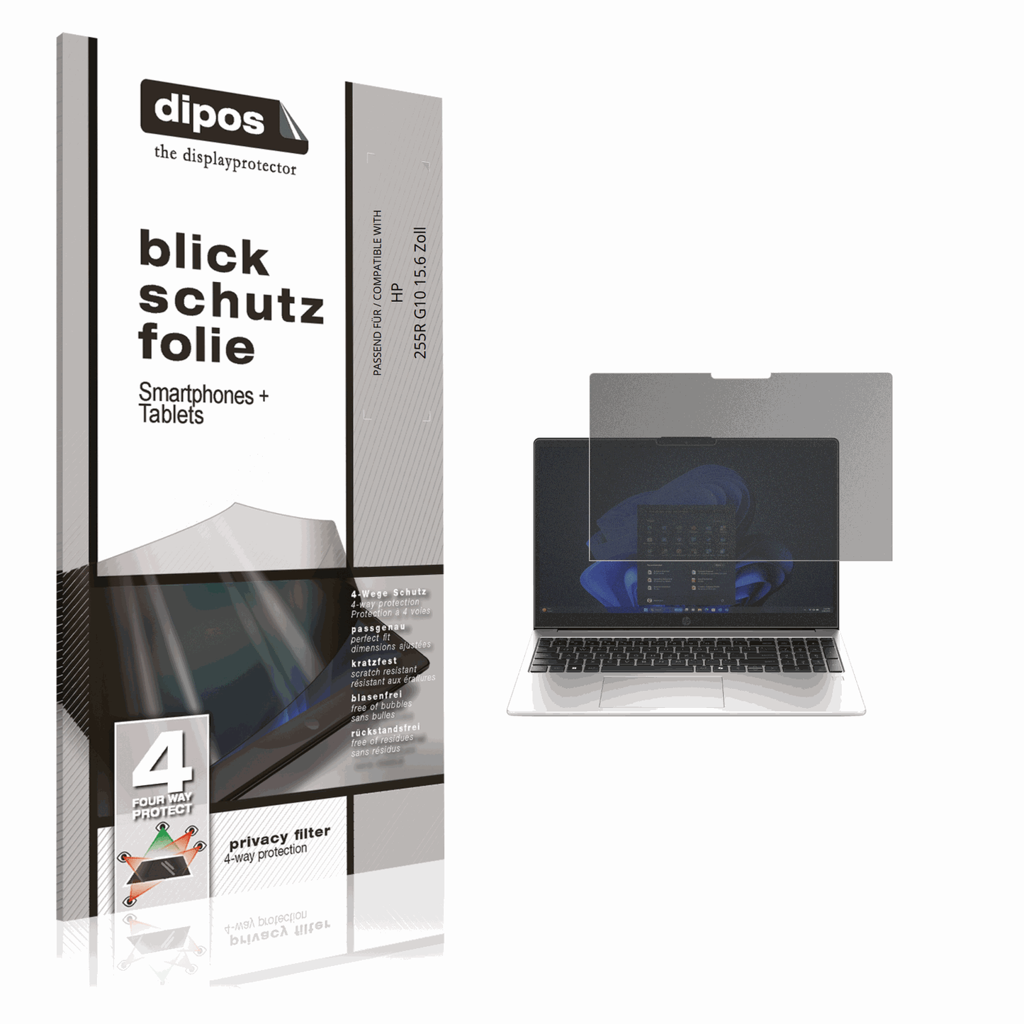 Blickschutzfolie von dipos passend für HP 255R G10 15.6 Zoll, präziser Zuschnitt und blasenfrei montiert