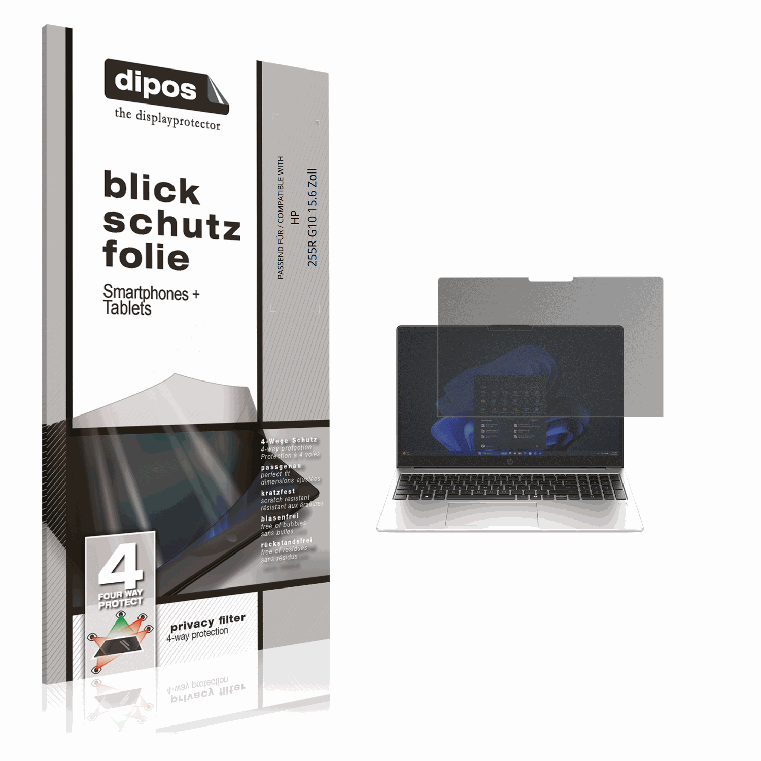 Blickschutzfolie von dipos passend für HP 255R G10 15.6 Zoll, präziser Zuschnitt und blasenfrei montiert