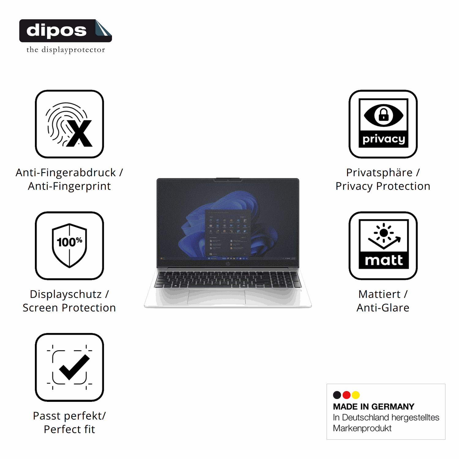 Privatsphäre-Schutz durch Sichtschutz-Folie passend zugeschnitten für HP 255R G10 15.6 Zoll