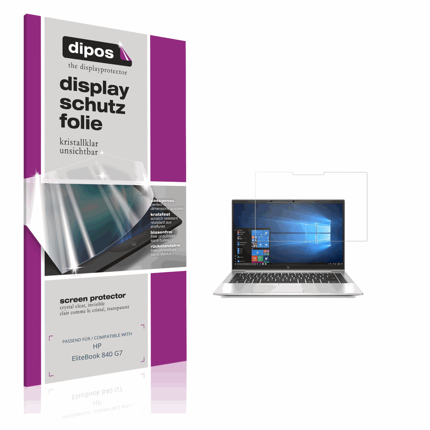 Klare Displayschutzfolie von dipos passend für HP EliteBook 840 G7, präziser Zuschnitt und blasenfrei montiert