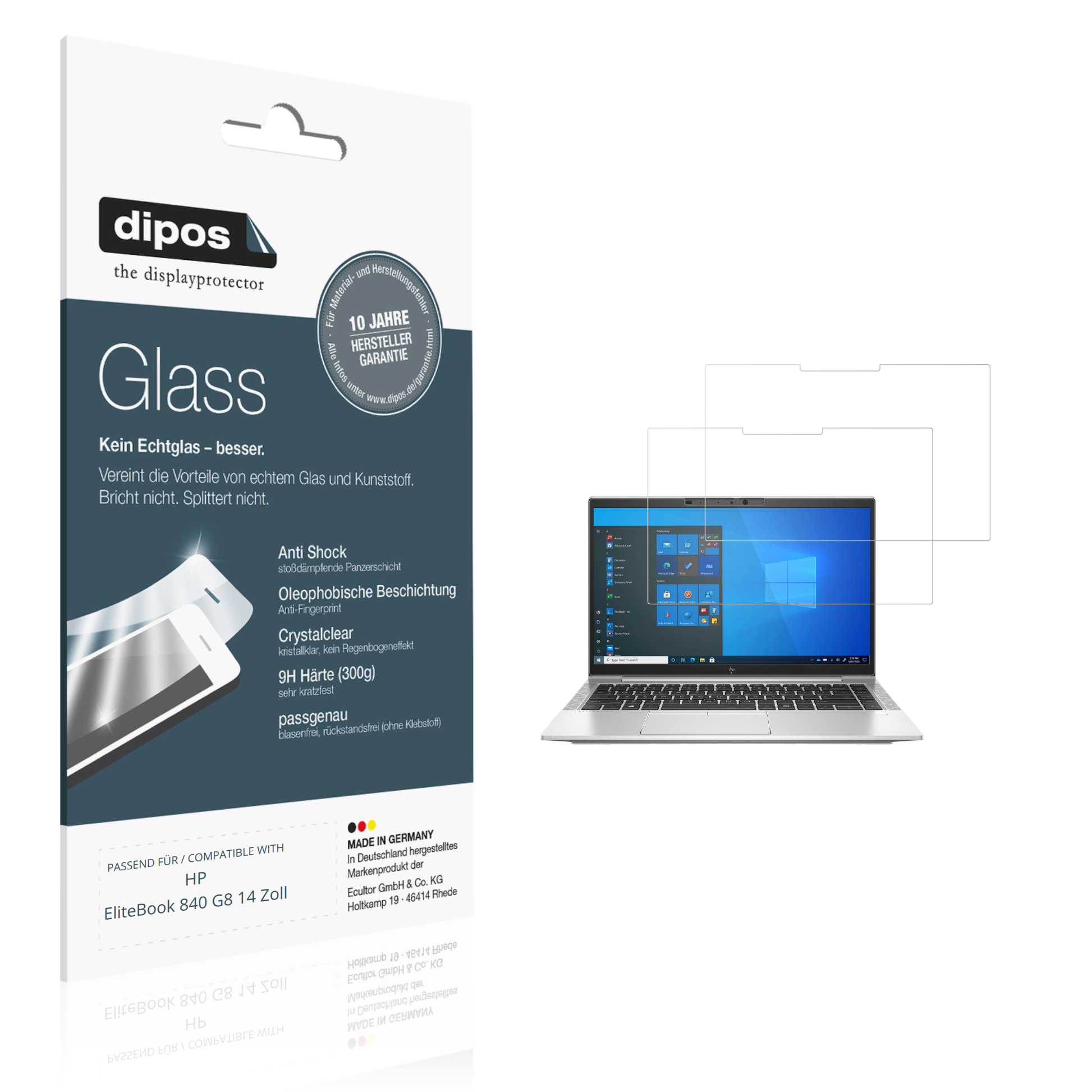 Klare Displayschutzfolie von dipos passend für HP EliteBook 840 G8 14 Zoll, 9H kratzfest und blasenfrei montiert
