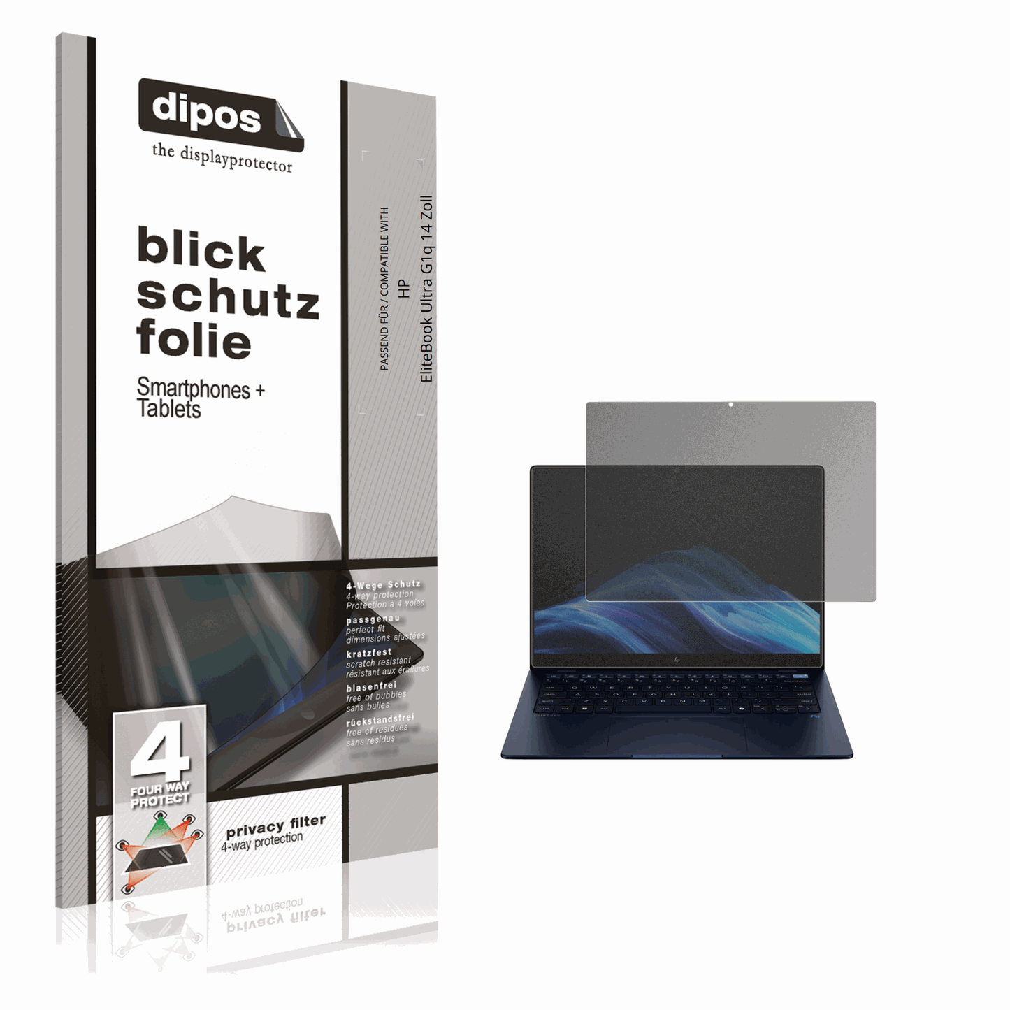 Blickschutzfolie von dipos passend für HP EliteBook Ultra G1q 14 Zoll, präziser Zuschnitt und blasenfrei montiert