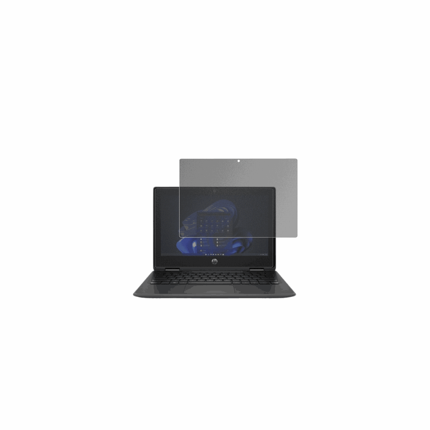 hpfortis flip g1i 11 zoll mit aufgebrachtem dipos Displayschutz, der seitliche Einblicke blockiert