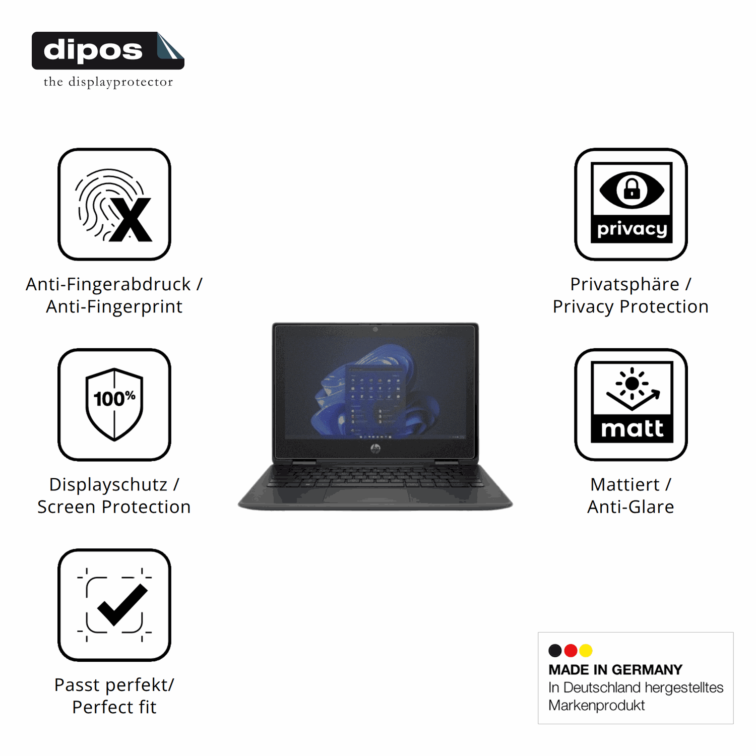 Privatsphäre-Schutz durch Sichtschutz-Folie passend zugeschnitten für hpfortis flip g1i 11 zoll