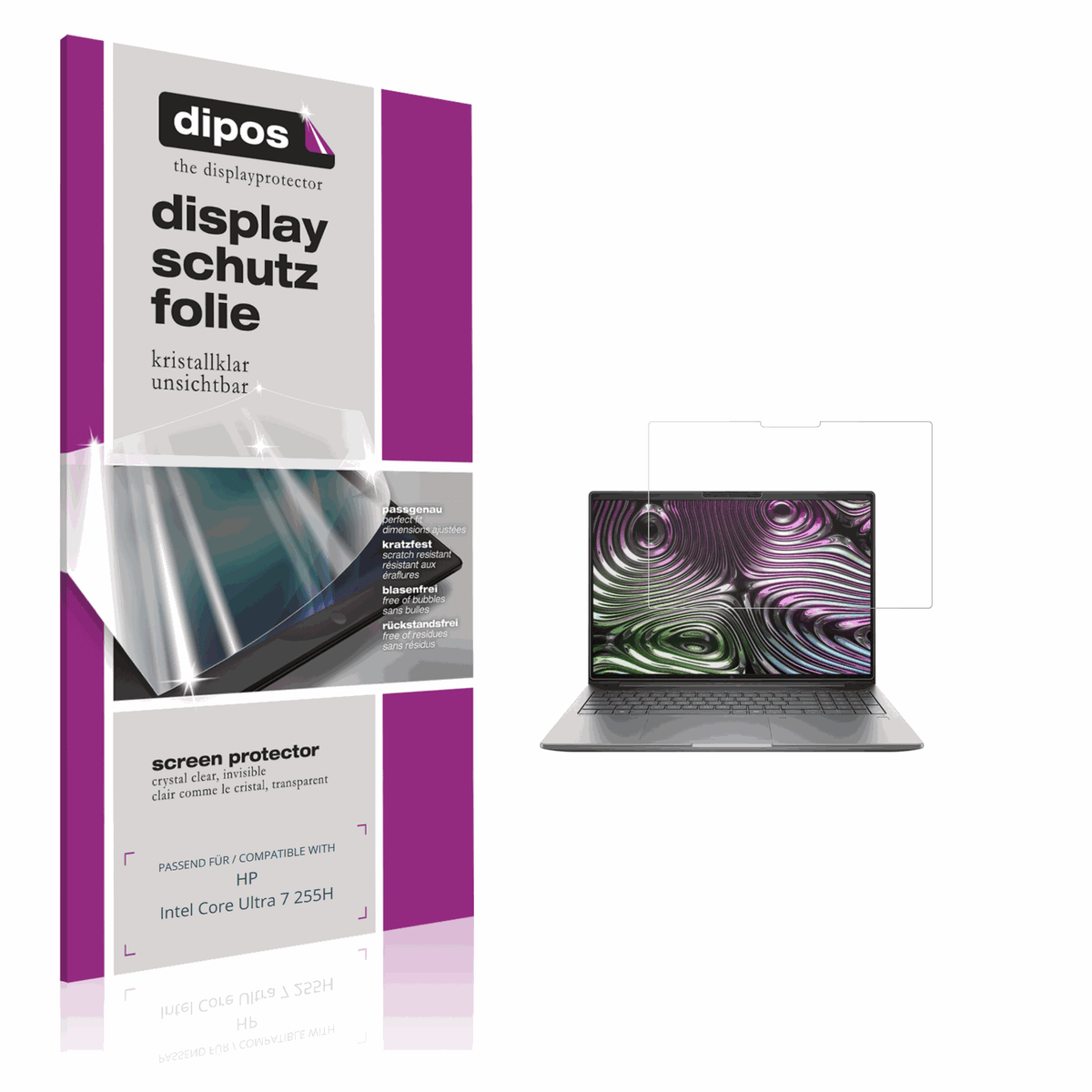 Klare Displayschutzfolie von dipos passend für HP Intel Core Ultra 7 255H, präziser Zuschnitt und blasenfrei montiert