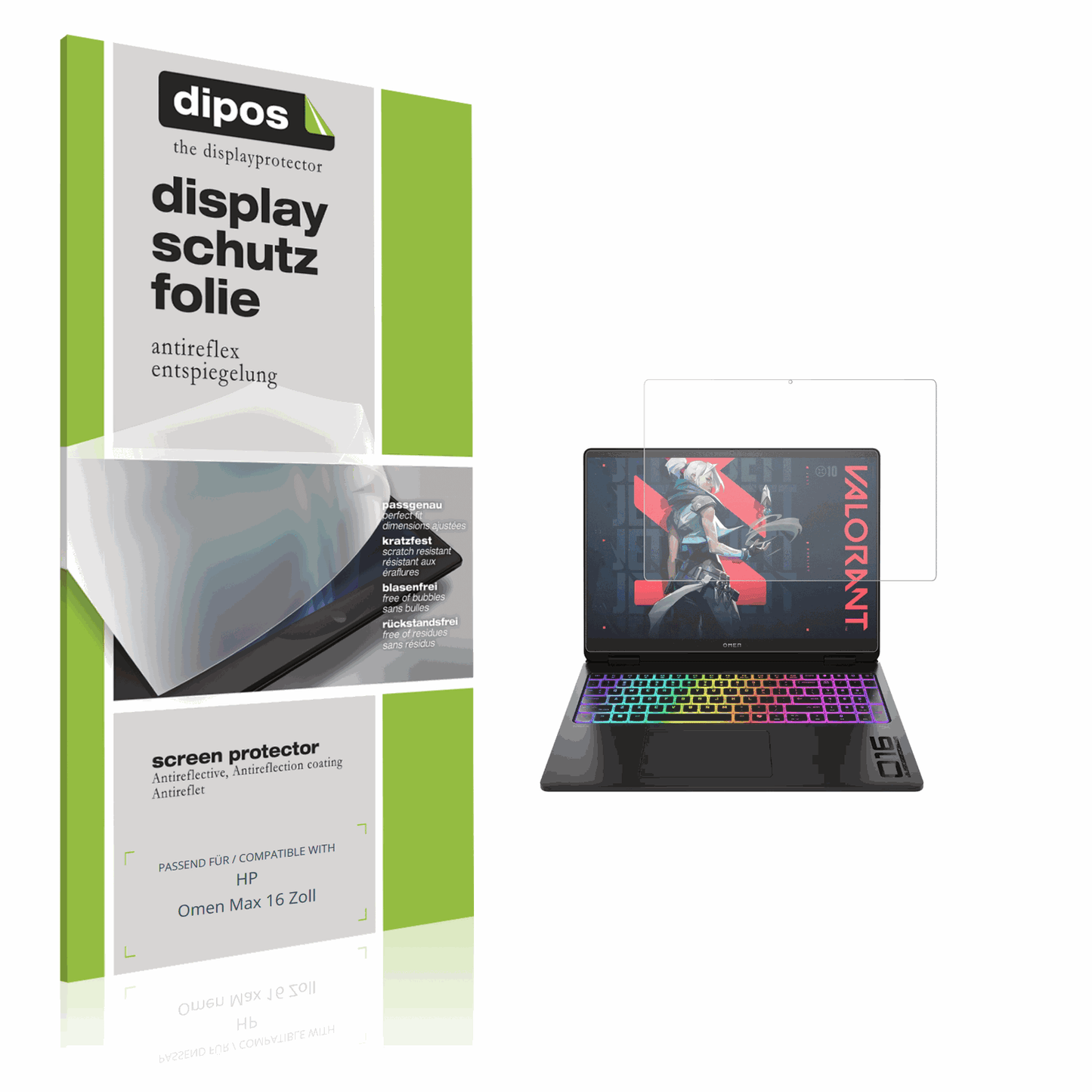 Matte Displayschutzfolie von dipos passend für hpomen max 16 zoll, präziser Zuschnitt und blasenfrei montiert