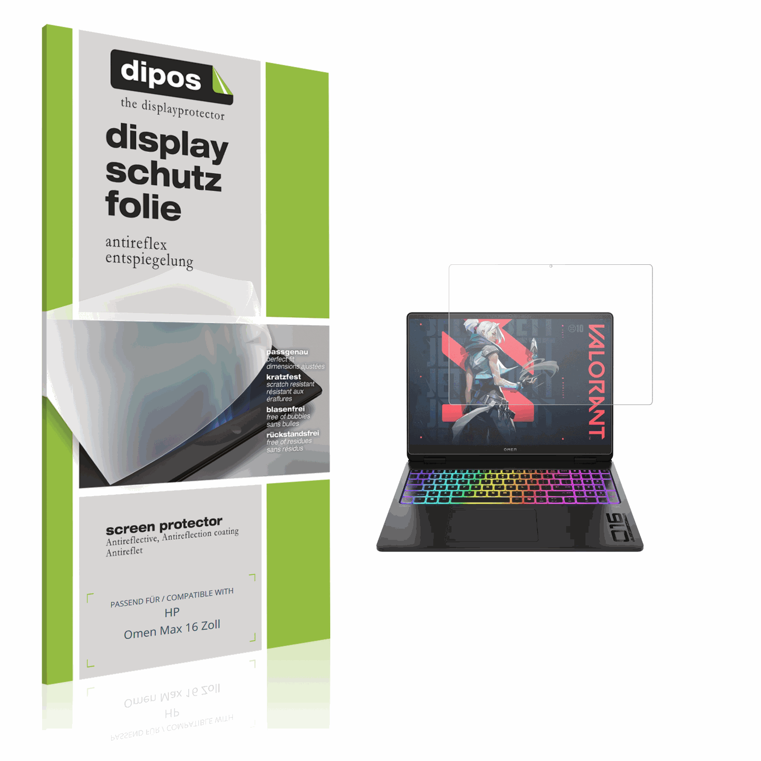 Matte Displayschutzfolie von dipos passend für hpomen max 16 zoll, präziser Zuschnitt und blasenfrei montiert