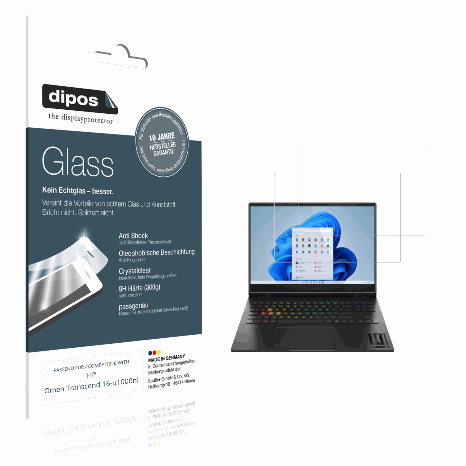 Klare Displayschutzfolie von dipos passend für hpomen transcend 16-u1000nl, 9H kratzfest und blasenfrei montiert