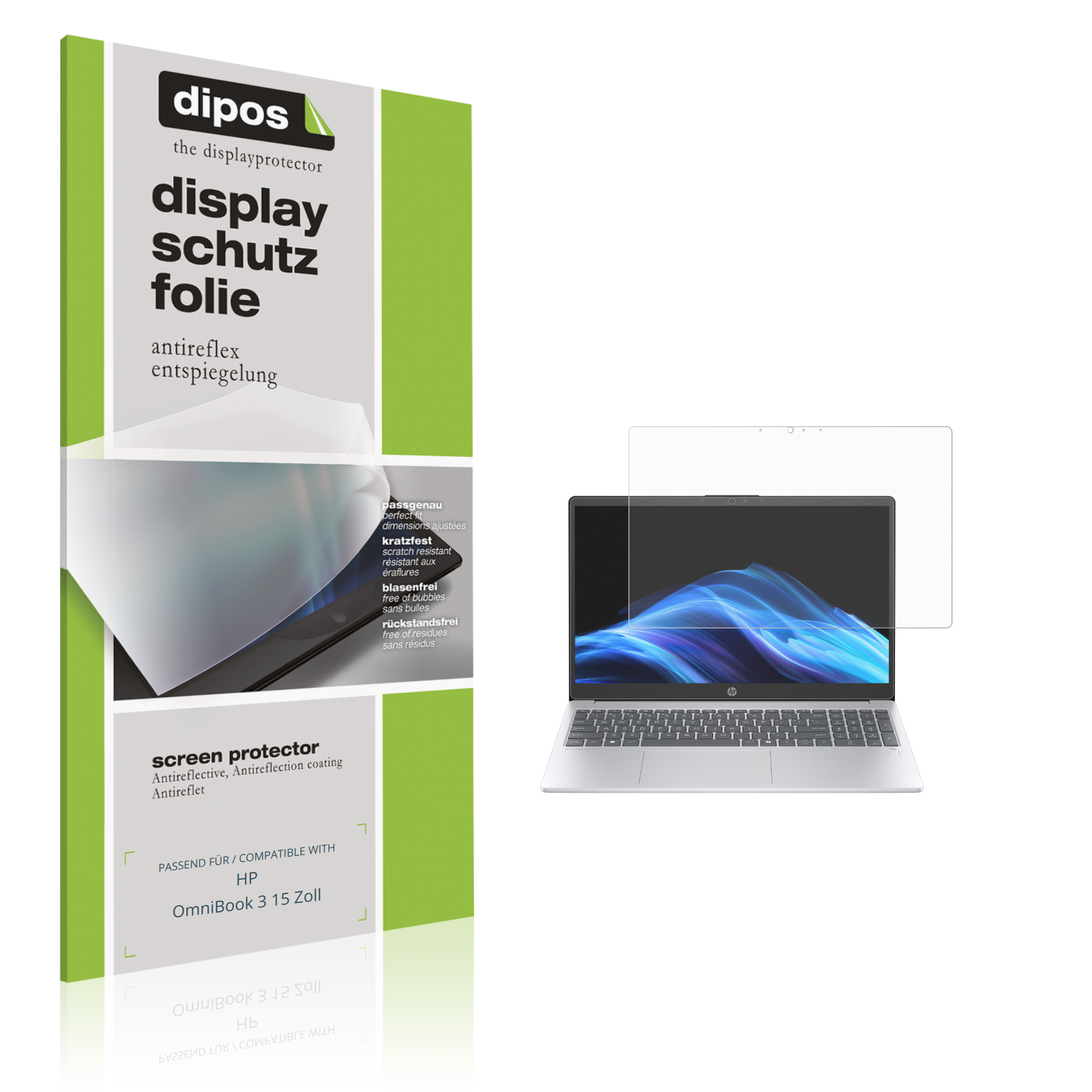 Matte Displayschutzfolie von dipos passend für HP OmniBook 3 15 Zoll, präziser Zuschnitt und blasenfrei montiert