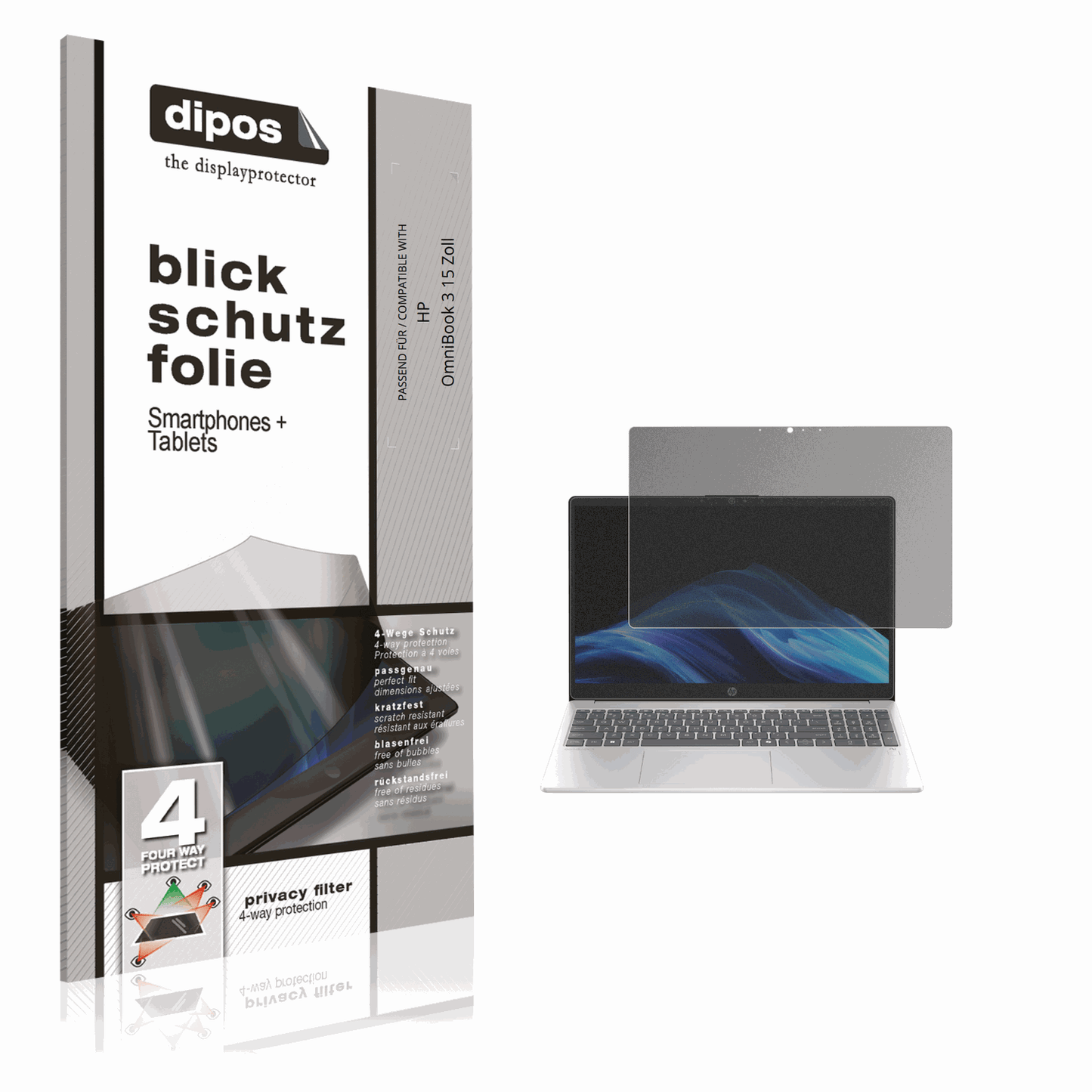 Blickschutzfolie von dipos passend für HP OmniBook 3 15 Zoll, präziser Zuschnitt und blasenfrei montiert