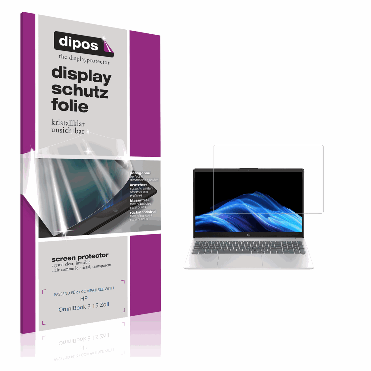 Klare Displayschutzfolie von dipos passend für HP OmniBook 3 15 Zoll, präziser Zuschnitt und blasenfrei montiert