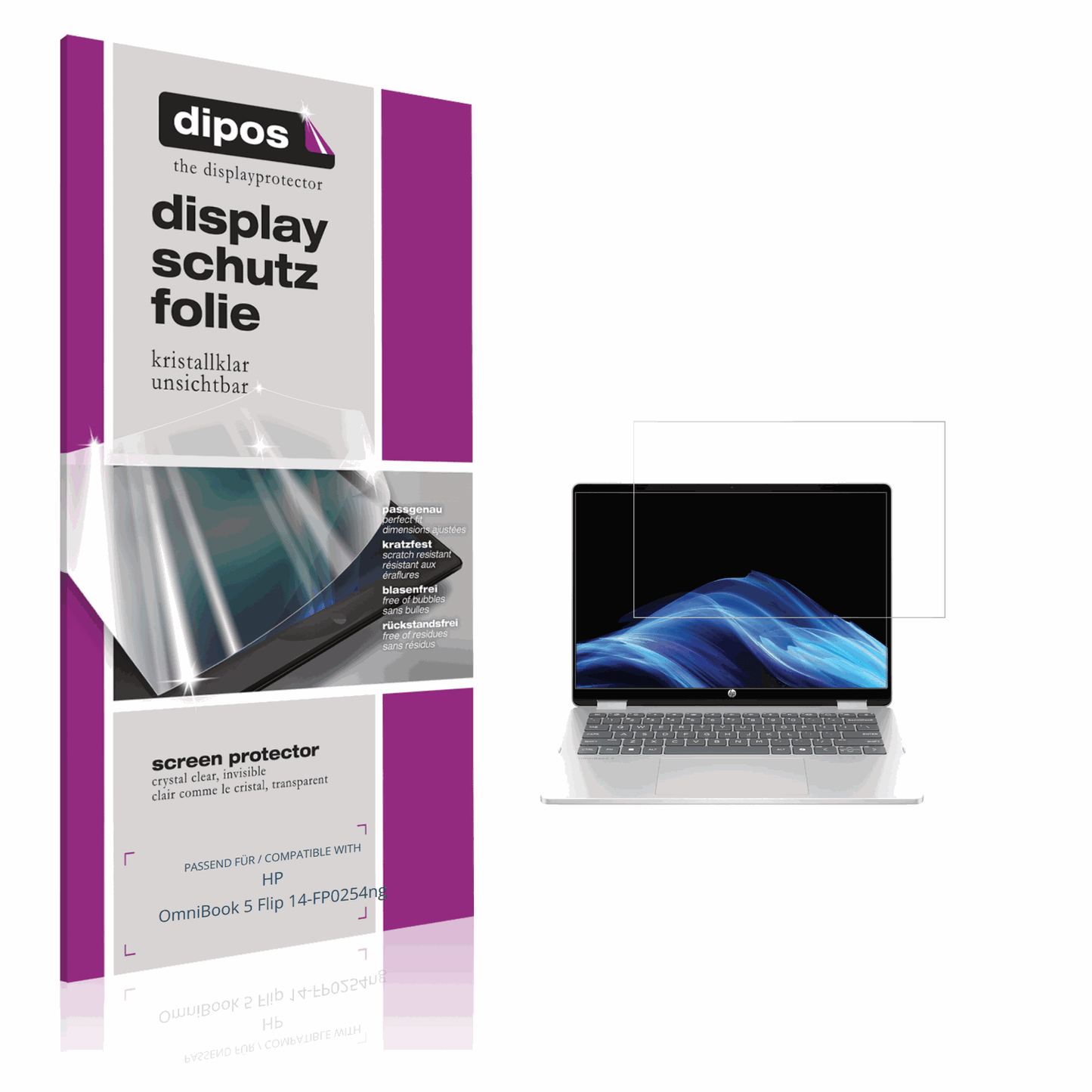 Klare Displayschutzfolie von dipos passend für HP OmniBook 5 Flip 14-FP0254ng, präziser Zuschnitt und blasenfrei montiert