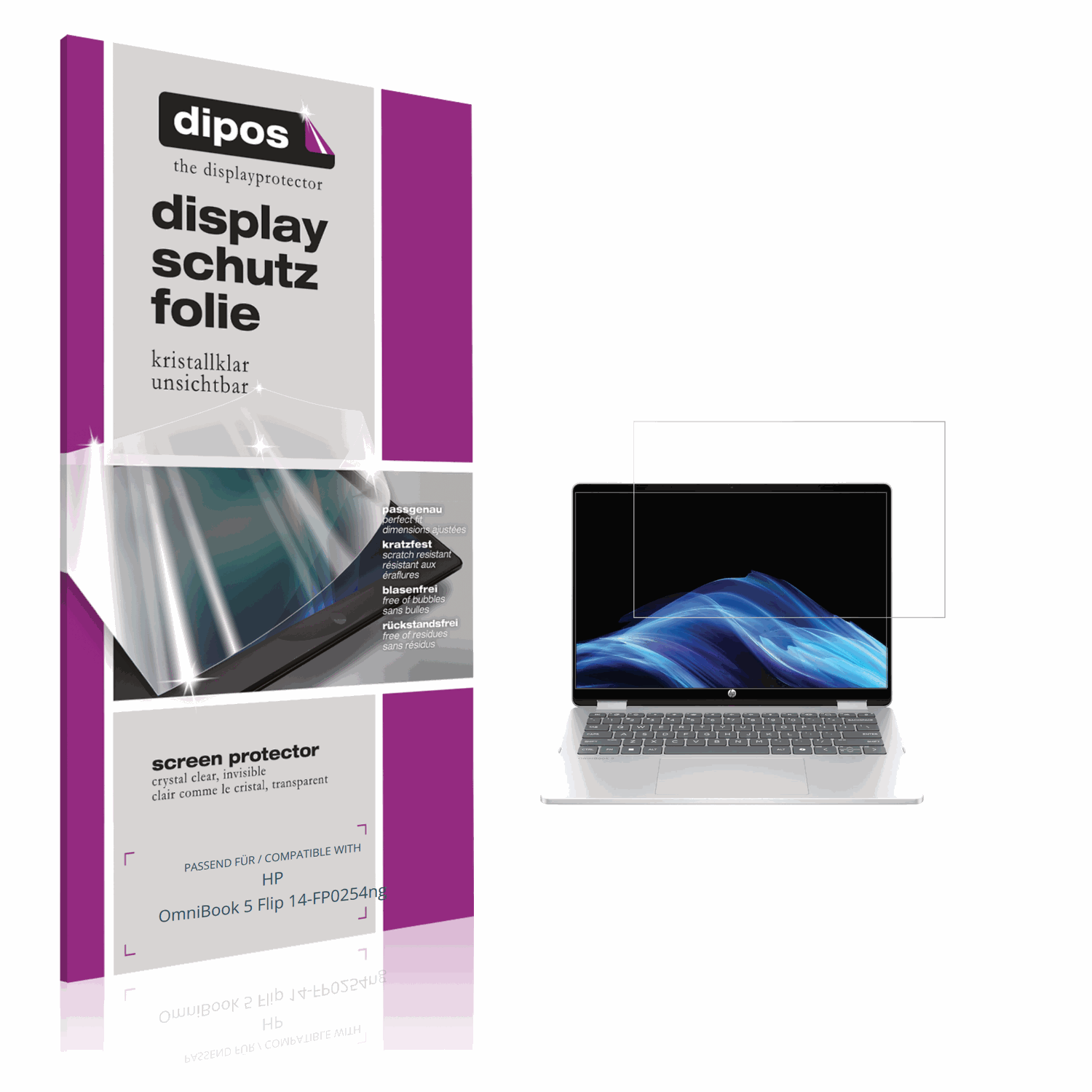 Klare Displayschutzfolie von dipos passend für HP OmniBook 5 Flip 14-FP0254ng, präziser Zuschnitt und blasenfrei montiert