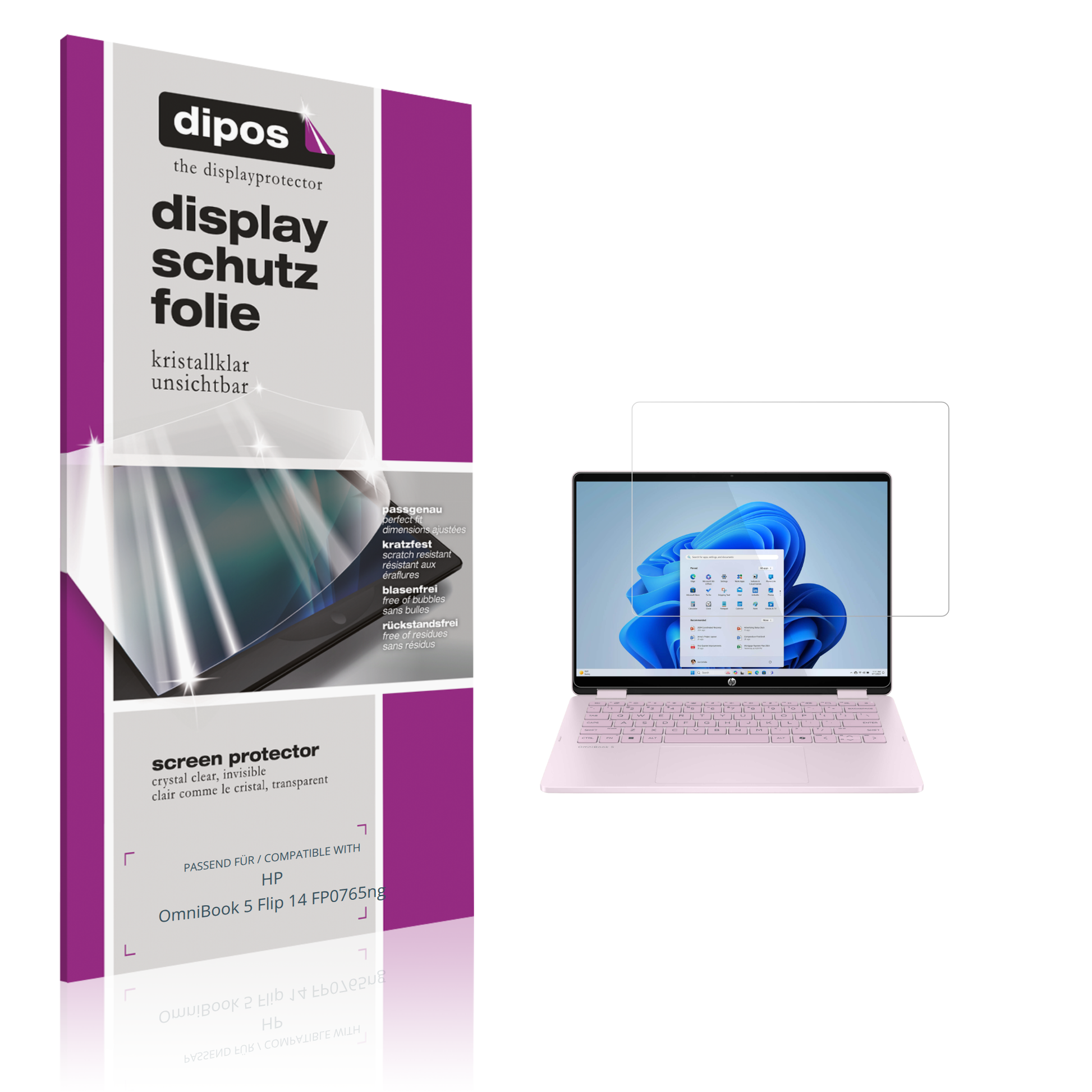 Klare Displayschutzfolie von dipos passend für HP OmniBook 5 Flip 14 FP0765ng, präziser Zuschnitt und blasenfrei montiert
