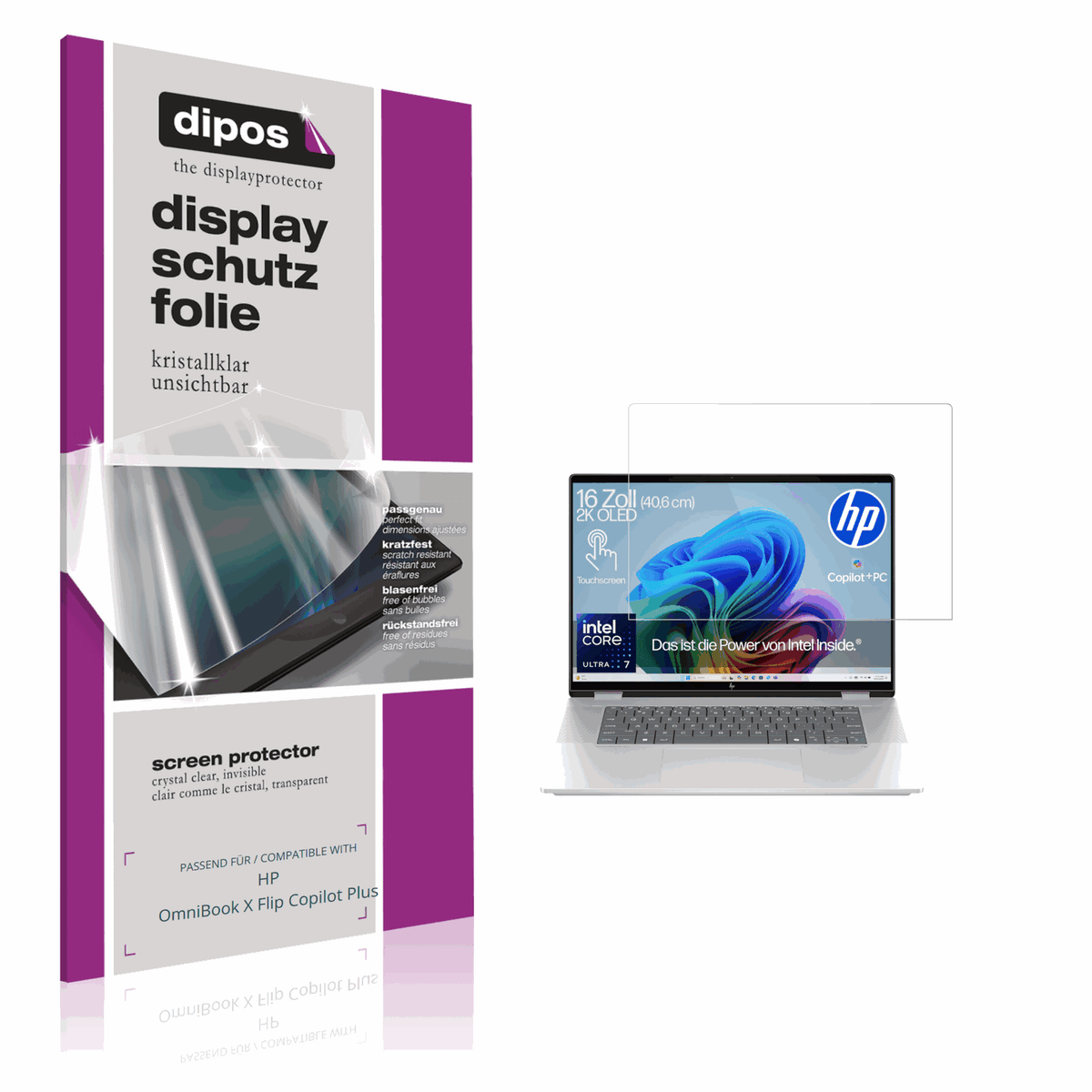 Klare Displayschutzfolie von dipos passend für HP OmniBook X Flip Copilot Plus, präziser Zuschnitt und blasenfrei montiert