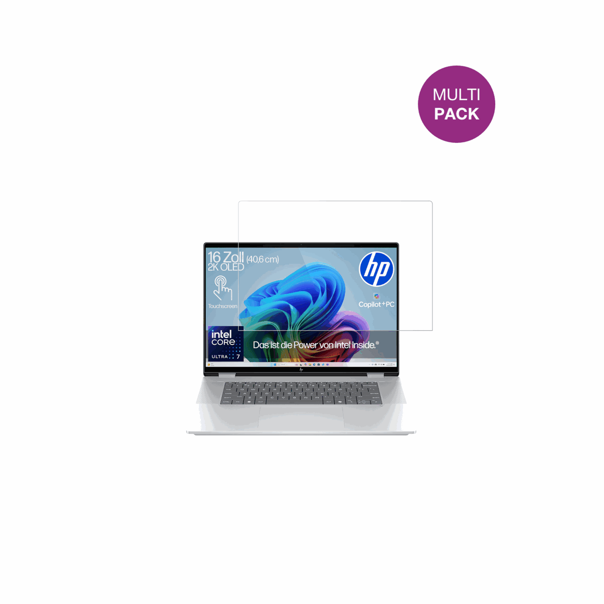 HPOmniBook X Flip Copilot Plus mit aufgebrachter dipos Displayschutzfolie, glasklare Darstellung ohne Einschränkungen