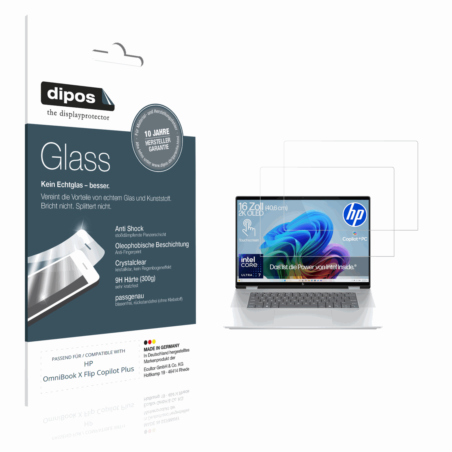 Klare Displayschutzfolie von dipos passend für HP OmniBook X Flip Copilot Plus, 9H kratzfest und blasenfrei montiert