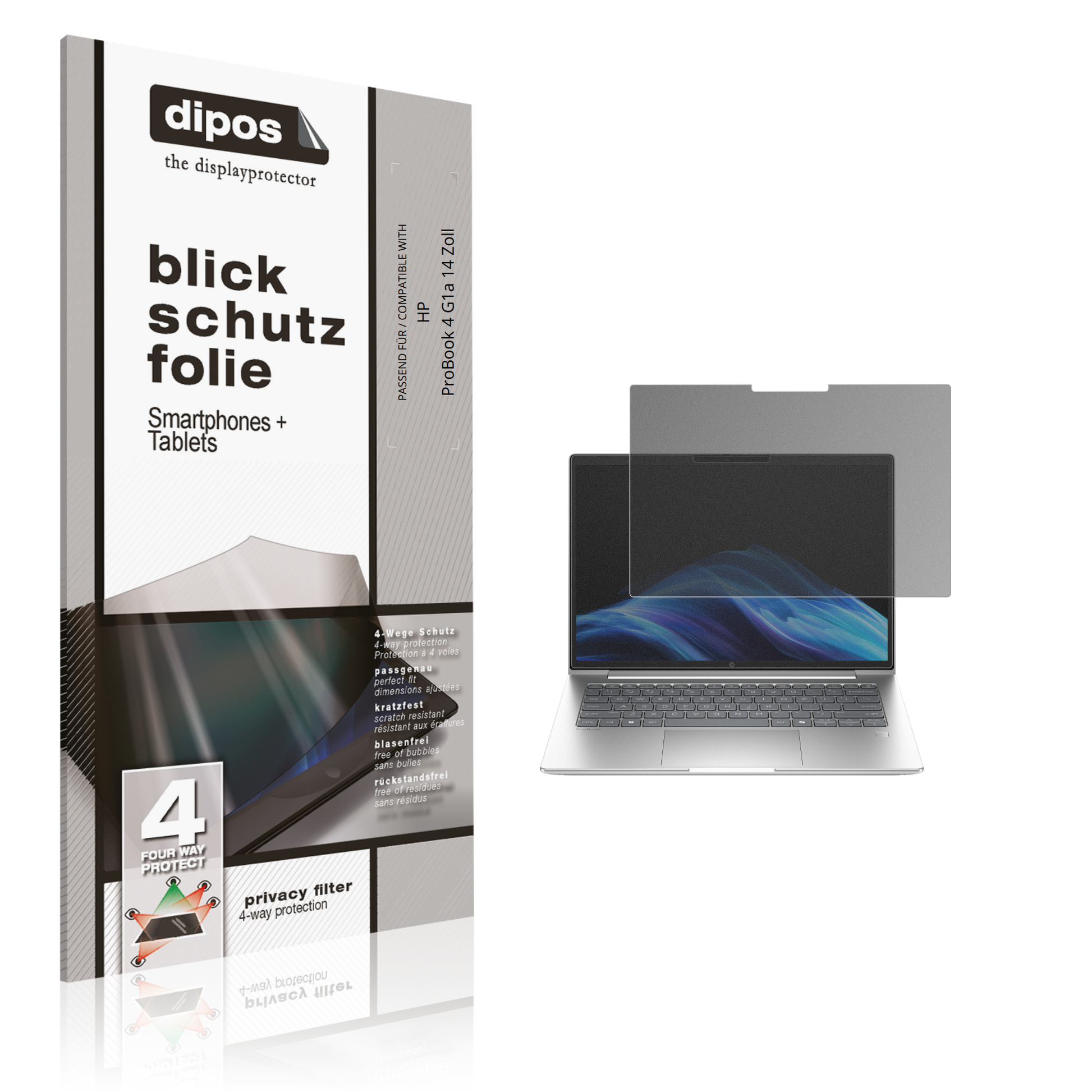Blickschutzfolie von dipos passend für hpprobook 4 g1a 14 zoll, präziser Zuschnitt und blasenfrei montiert