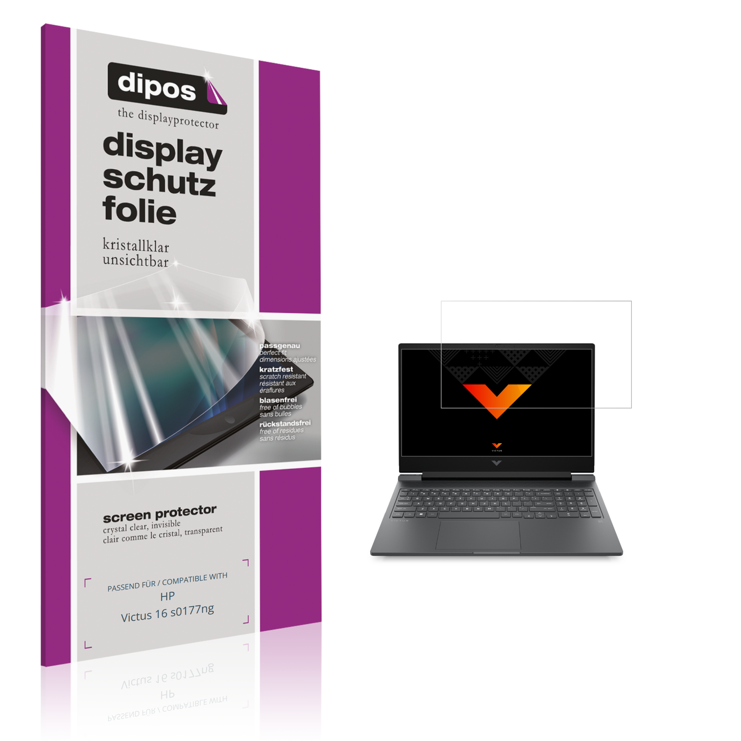 Klare Displayschutzfolie von dipos passend für HP Victus 16 s0177ng, präziser Zuschnitt und blasenfrei montiert