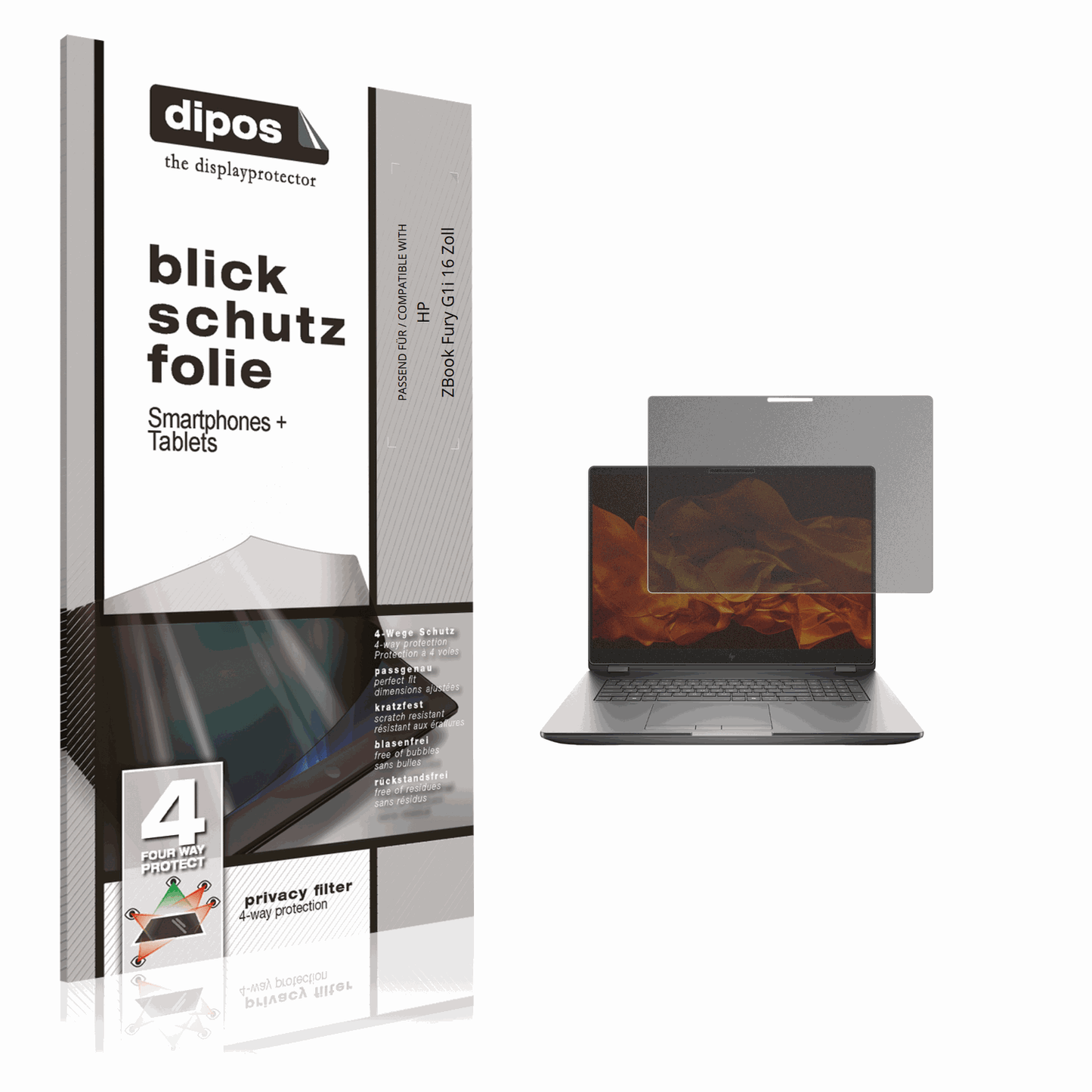 Blickschutzfolie von dipos passend für HP ZBook Fury G1i 16 Zoll, präziser Zuschnitt und blasenfrei montiert