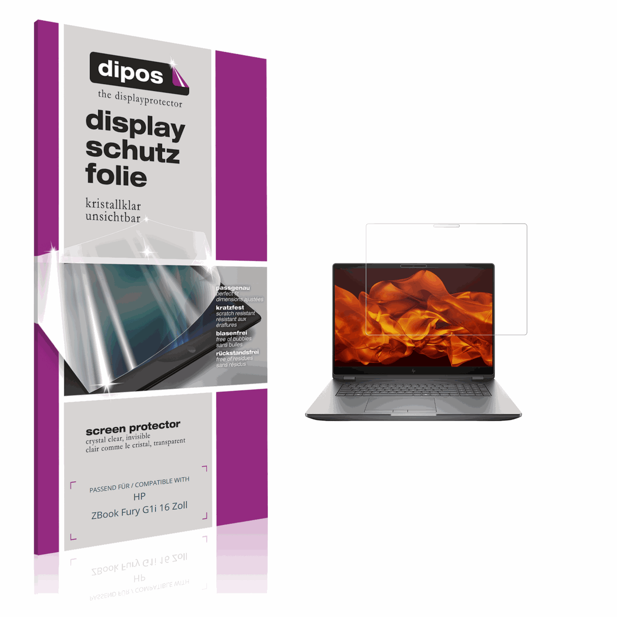 Klare Displayschutzfolie von dipos passend für HP ZBook Fury G1i 16 Zoll, präziser Zuschnitt und blasenfrei montiert