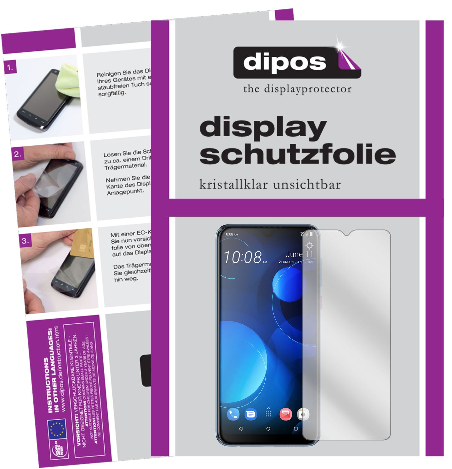 Klare Displayschutzfolie von dipos passend für HTC Desire 19 Plus, präziser Zuschnitt und blasenfrei montiert